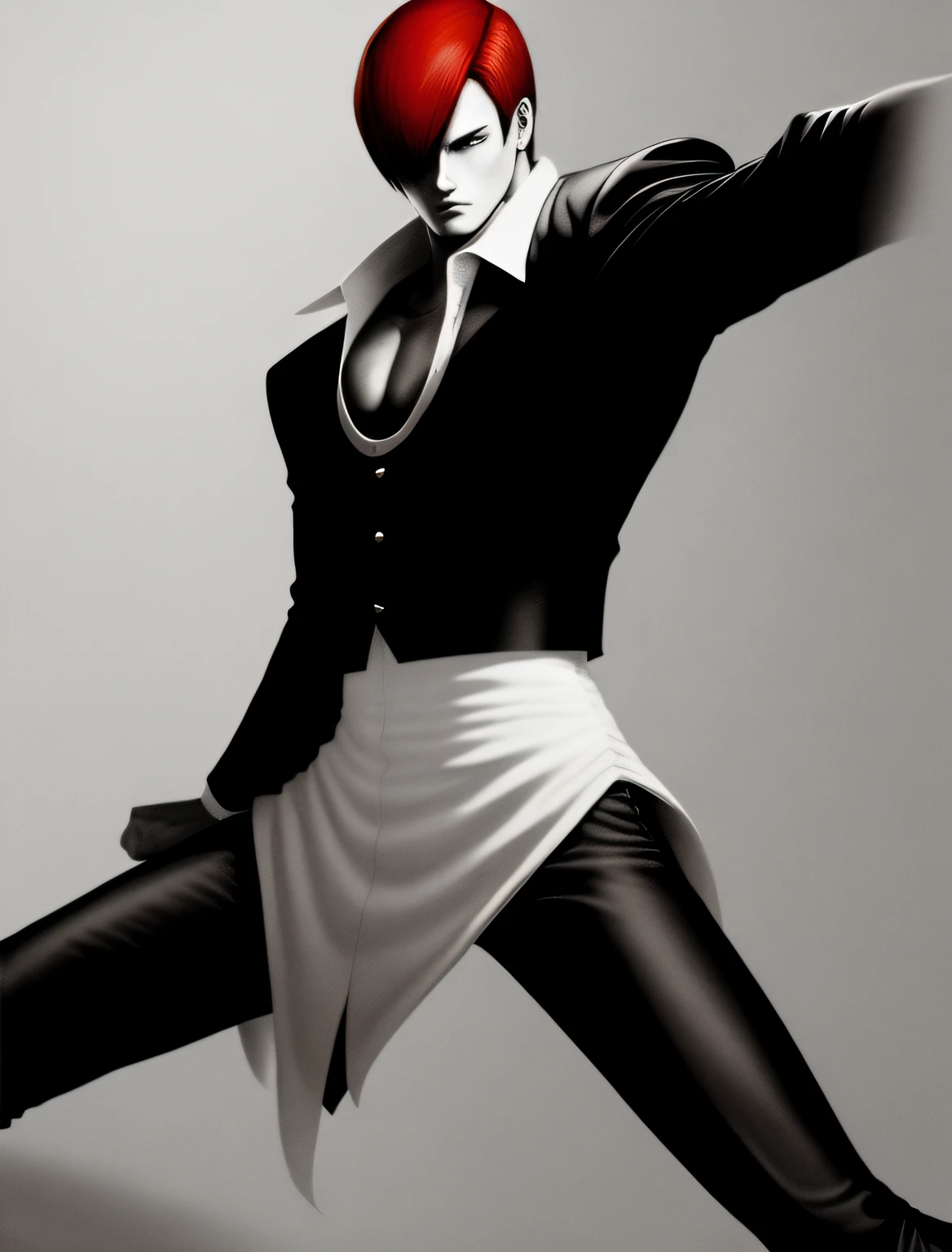 tmasterpiece，best qualityer，Yagami iori，1boy,red hair，Black and white top，Red pants，musculature，fit and muscular body，Blue_fire，king of fighters style
