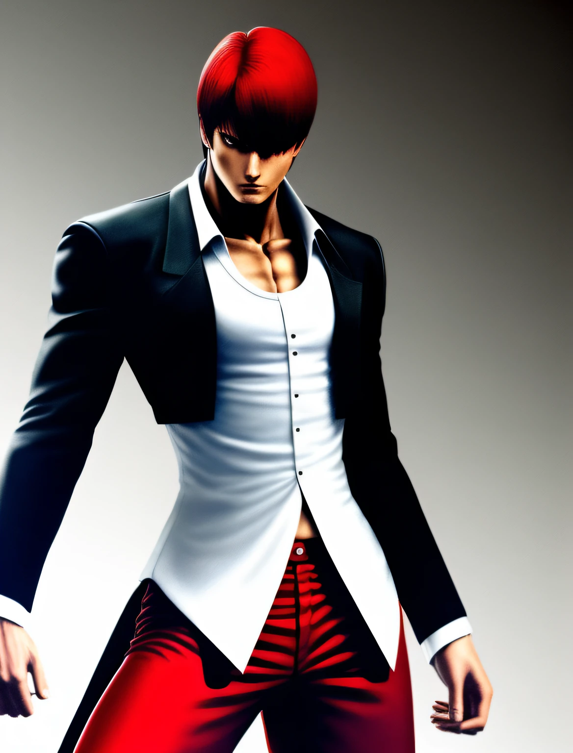 tmasterpiece，best qualityer，Yagami iori，1boy,red hair，Black and white top，Red pants，musculature，fit and muscular body，Blue_fire，king of fighters style