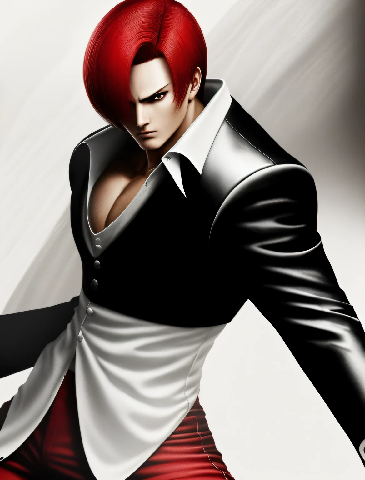 tmasterpiece，best qualityer，Yagami iori，1boy,red hair，Black and white top，Red pants，musculature，fit and muscular body，Blue_fire，king of fighters style