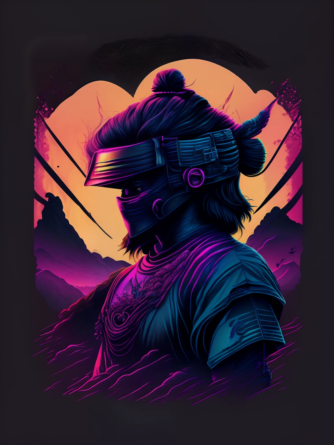 Samurai,psychedelic, image vectorielle, Conception de t-shirt, secluded, fond noir, illustration 3D futuriste