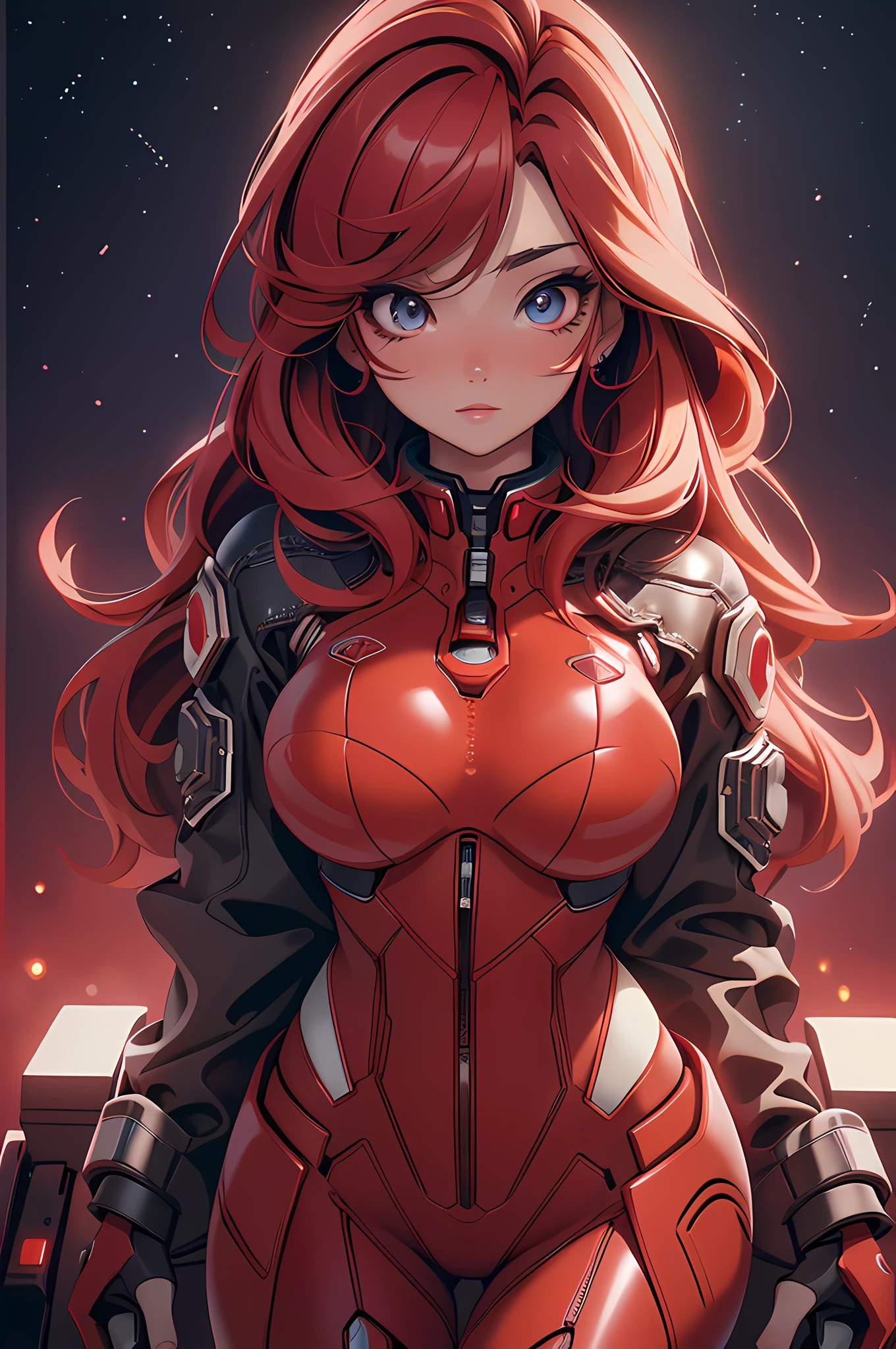 (best quality,4k,8k,highres,masterpiece:1.2), beautiful detailed eyes, beautiful detailed lips, extremely detailed eyes and face, long eyelashes, 1 girl, red mech suit, straight red hair, cool sci-fi lighting, space background, vibrant colors, futuristic theme