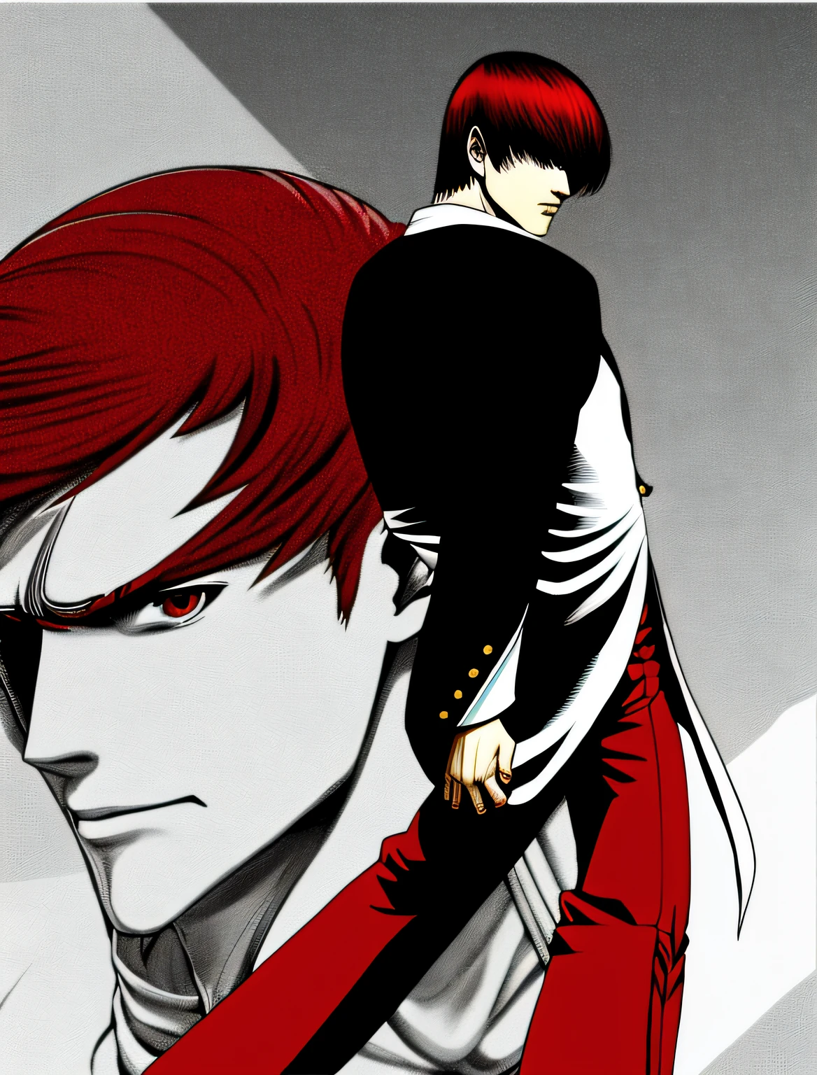 tmasterpiece，best qualityer，Yagami Ijiri，1boys,Red hair，Black and white top，Red pants，musculature，fit and muscular body，Blue_Fire，king of fighters style