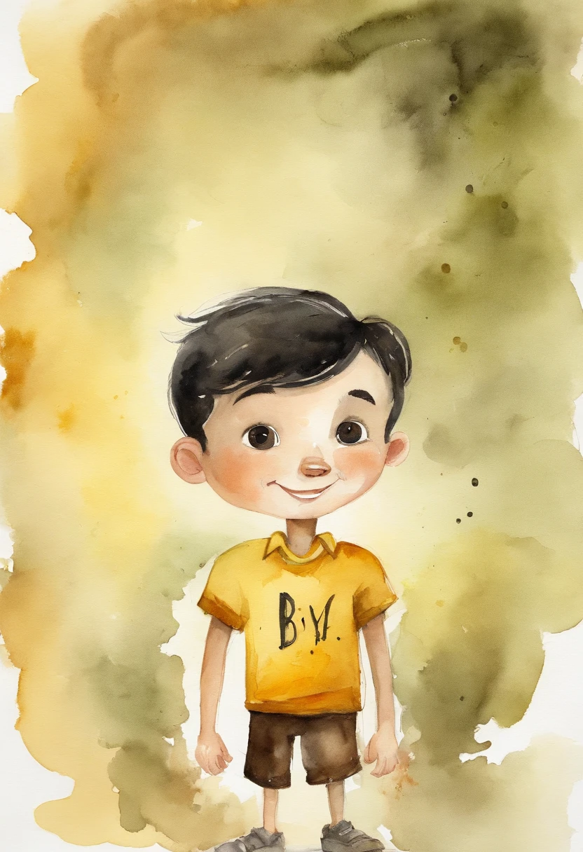 Boy, 8 years old, with curious brown eyes, black hair, colors, disney style yellow short -sleeved shirt and black shorts, in the white background, standing in a determined position to conquer the world