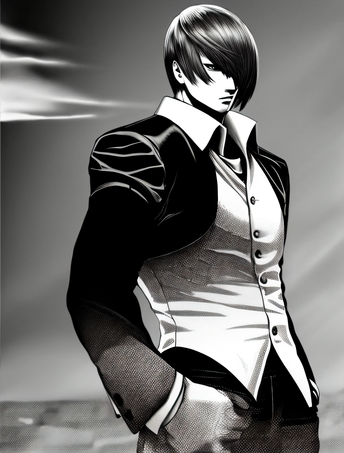 tmasterpiece，best qualityer，Yagami Ijiri，1boys,Red hair，Black and white top，Red pants，musculature，fit and muscular body，blue_fire in hand，king of fighters style，urban backdrop