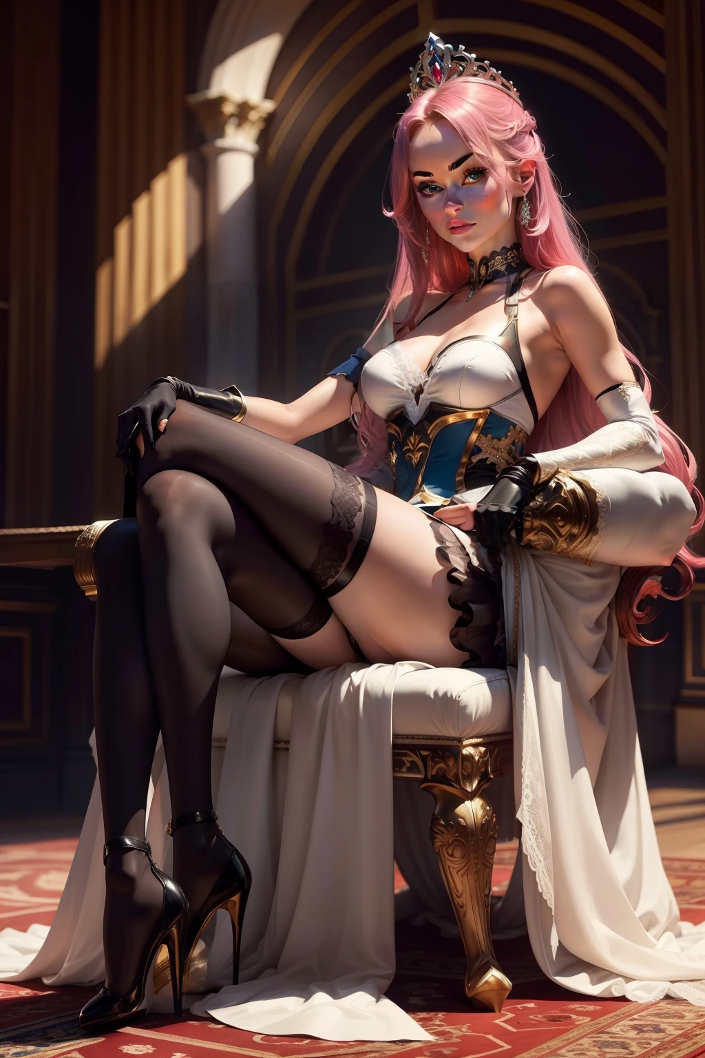 sexy Olivia Wilde is a princess inside the palace, sitting on throne with crossed legs, full body shot, full body on the picture, wearing princess long tight corsait dress, sleeveless, lifting skirt up, high heels, high boots, lace stockings, garter belt, long gloves, choker, vivid lipstick, heavy makeup, eyeliner, ponytail