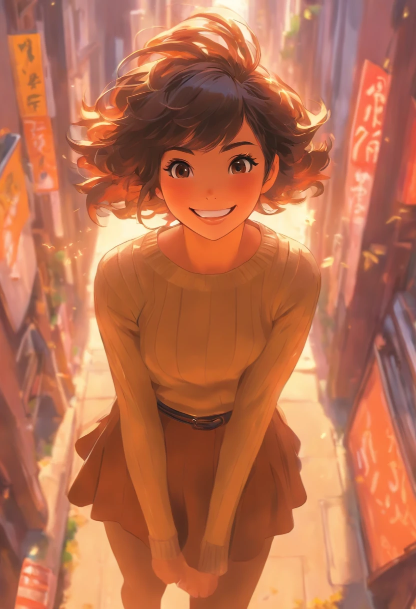 pov trending on pixiv fanbox, palette knife and brush strokes, style of makoto shinkai jamie wyeth james gilleard edward hopper greg rutkowski studio ghibli genshin impact, delicate and beautiful mandalay, brown short hair, bangs, hair between eyes, brown eyes, large breasts, turtleneck ribbed sweater, long sleeves, belt, white pencil skirt, black pantyhose, (nice angle, smile, extreme effect, miracle effect), (8k, background, outdoors, scenery)