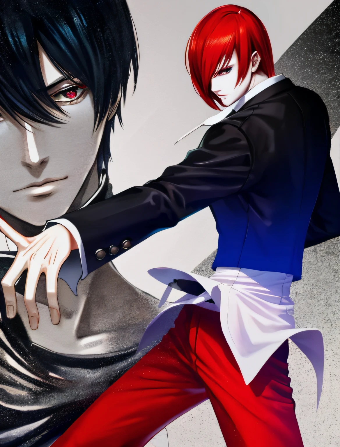 tmasterpiece，best qualityer，Yagami iori，1boy,Red hair，Blue Fire in hand,Black and white cloth，Red pants，in street