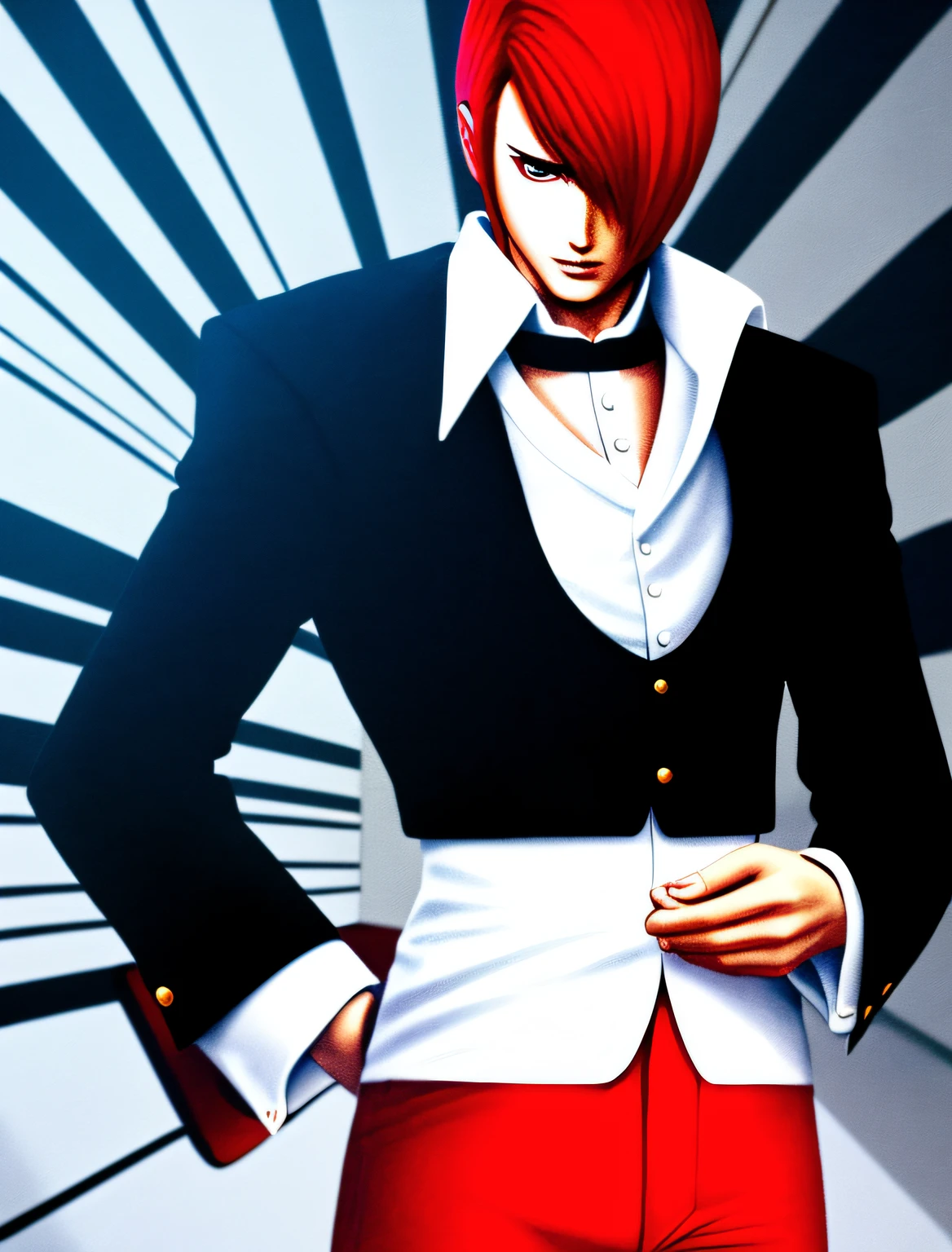 tmasterpiece，best qualityer，Yagami iori，1boy,Red hair，Blue Fire in hand,Black and white cloth，Red pants，in street