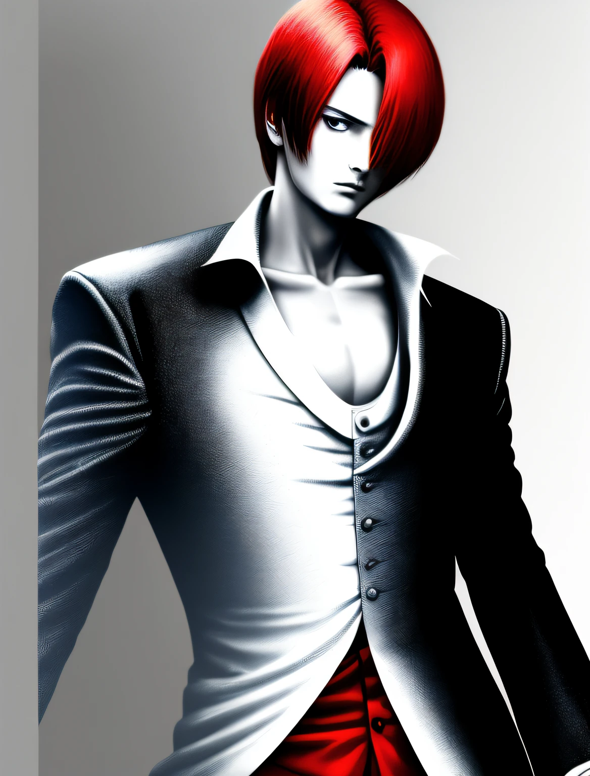 tmasterpiece，best qualityer，Yagami iori，1boy,Red hair，Blue Fire in hand,Black and white cloth，Red pants，in street