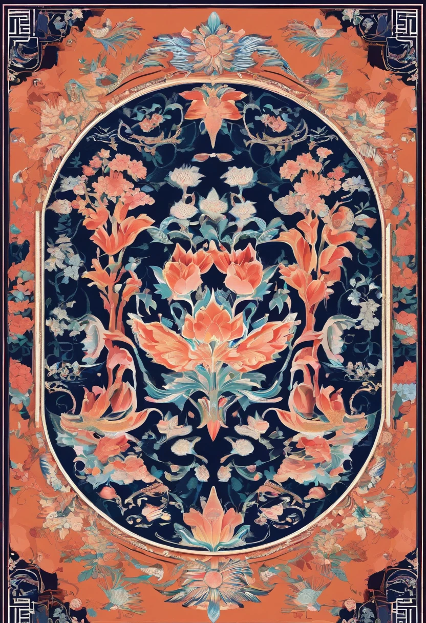 chinoiserie pattern,A large lotus pattern in the middle of the round plate,Elegant traditional Chinese pattern tiles,Fine line decoration,tang dynasty,The art of embroidery,Oriental fabric design,tondo,symmetrical arrangements,Han dynasty,Visual harmony,Primerless canvas,best qualityer,finedetail,8K