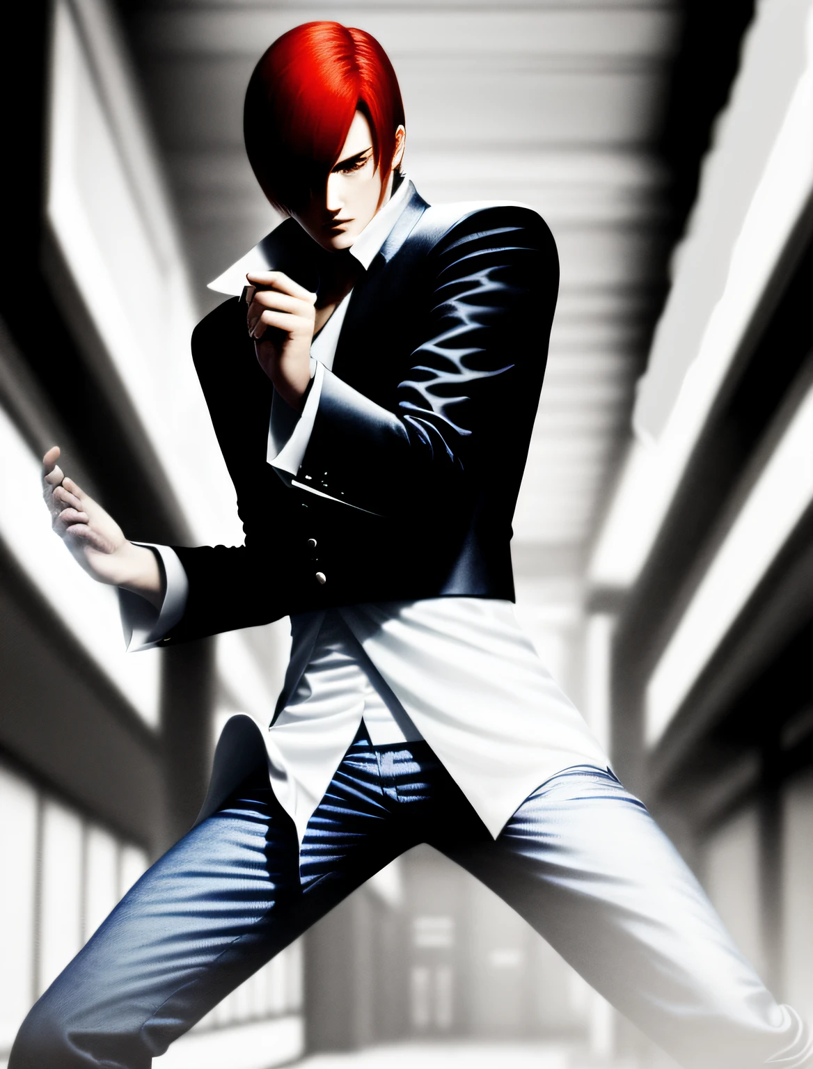 tmasterpiece，best qualityer，Yagami iori，1boy,Red hair，Blue Fire in hand,Black and white cloth，Red pants，in street