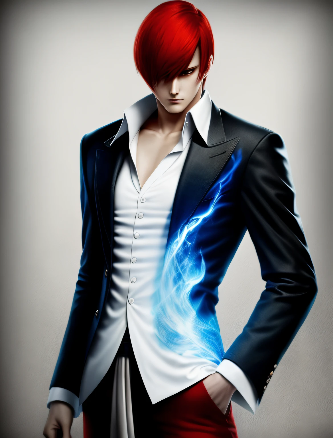 tmasterpiece，best qualityer，Yagami iori，1boy,Red hair，Blue Fire in hand,Black and white cloth，Red pants，in street