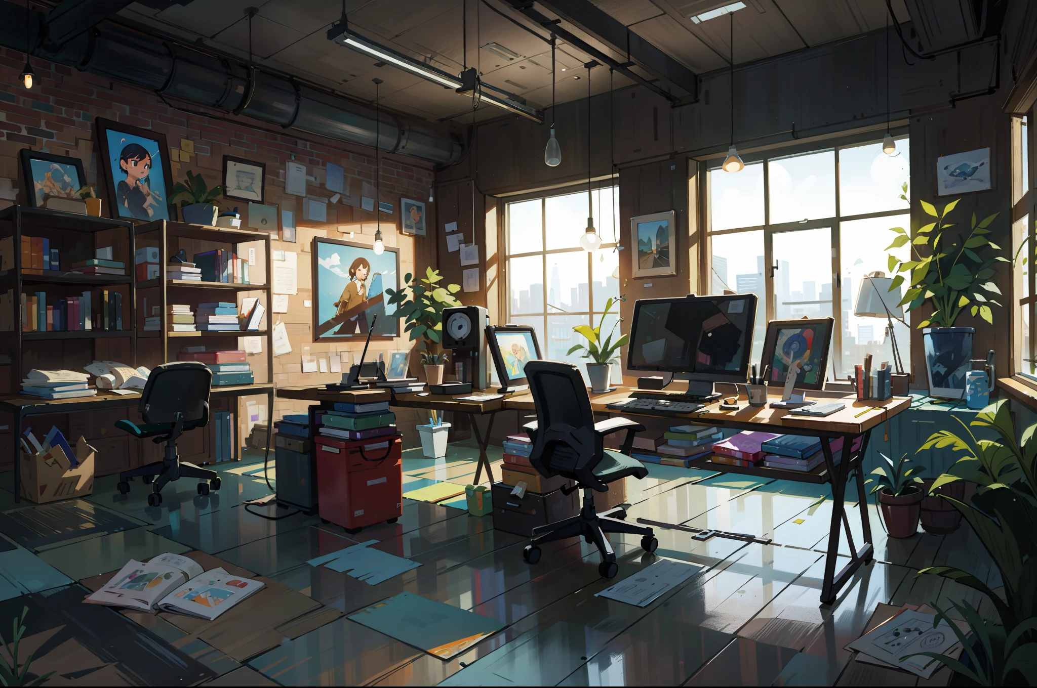 an office studio,brightly lit scene with natural light,modern and stylish studio setting,[minimalist:0.9] furnishing with clean lines and simple design,spacious and airy atmosphere,[large glass windows:1.1] providing a panoramic view,contemporary artworks [hanging on the walls],various equipment and tools for creative work,latest technology and gadgets,comfortable and ergonomic [office chairs],clean and organized [work desks],artists immersed in [their work],vibrant and inspiring [colors and textures],a collaborative and creative environment,artists experimenting with [different art techniques and styles],expressive brushstrokes and [detailed textures],captivating composition and [dynamic perspectives],artistic vision translated into [visually stunning] masterpieces,[high resolution:1.2] and [fine details:1.1] enhancing visual impact,[digital and traditional media] skillfully combined,imagination and creativity come to life in every artwork,[professional artists:1.1] sharing knowledge and inspiring each other,positive and energetic [work atmosphere],encouraging and supportive [peers],timeless yet contemporary [artworks],potential clients and art enthusiasts [visiting the studio],discussions and critiques [fueling artistic growth],endless possibilities for artistic exploration and expression,inspiration found in the [surrounding cityscape],artworks [displayed in a gallery-like manner],a hub of artistic excellence and innovation.