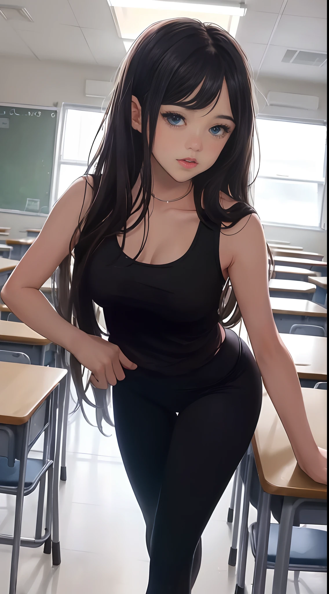 A high school girl wearing tight-fitting bodysuits Transparent tights like stocking fabric Posing with hands clasped behind head The background is the classroom, torogao, ahegao, red lips, UHD, retina, masterpiece, ccurate, anatomically correct, textured skin, super detail, high details, high quality, award winning, best quality, highres
