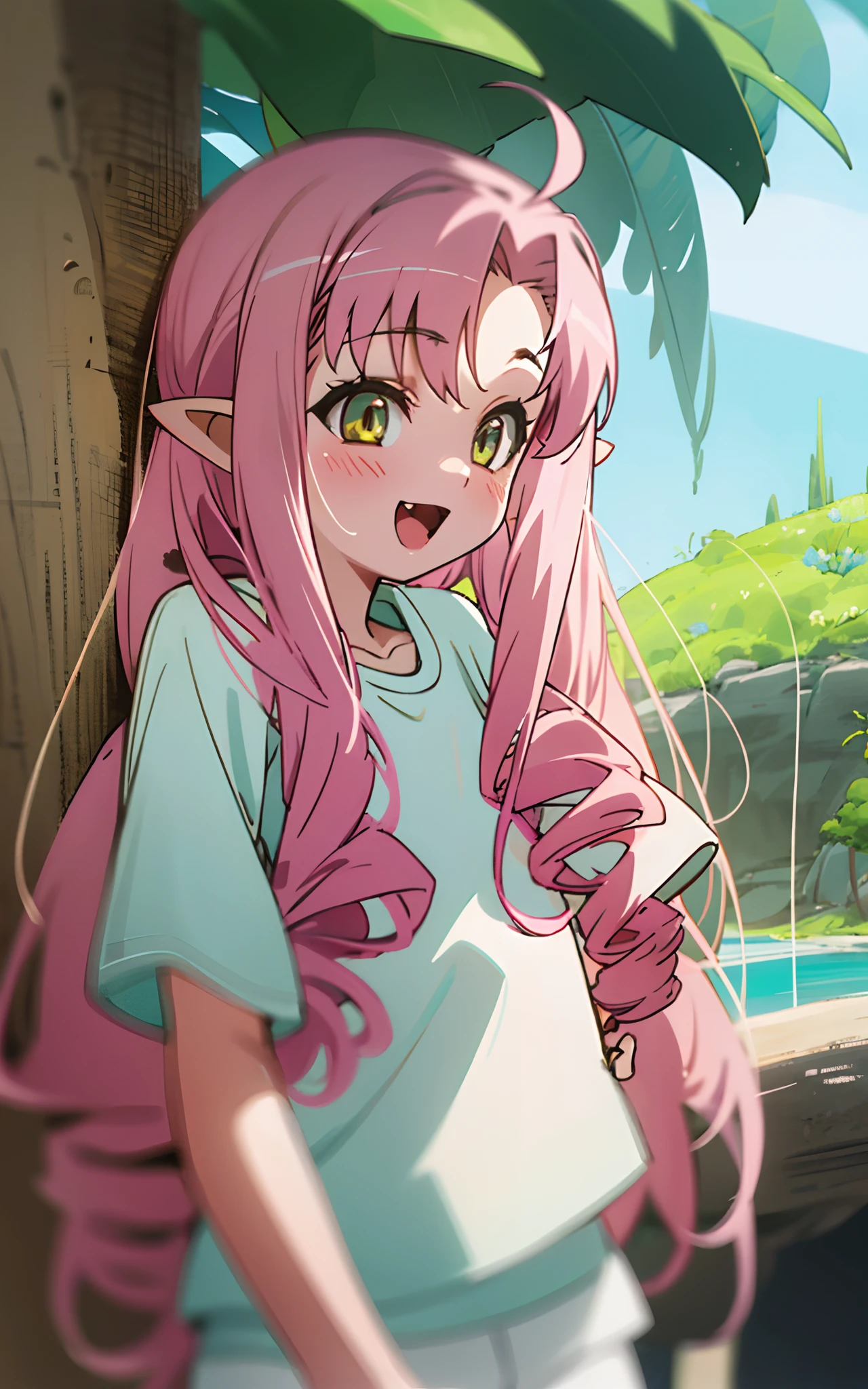 16yo girl、long-haired pink color:1.2、twin drills:1.5、Yellow eyes:1.5、pointy ear、burst into laughter、white t-shirts、white short pants、landscape of a beach、Soft lighting、summer feel、a closeup