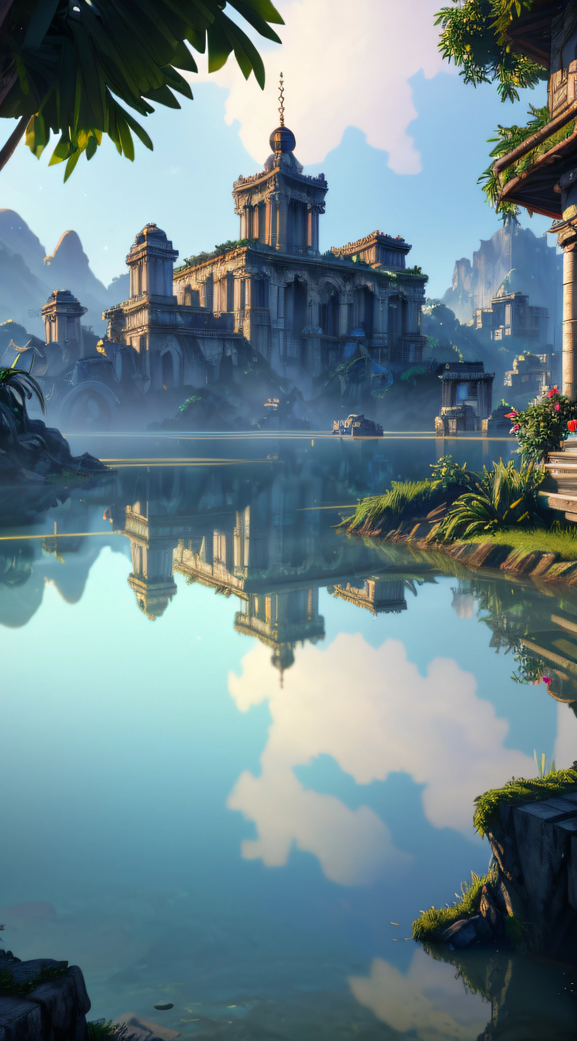 (8k, RAW photo, best quality, masterpiece:1.2), (realistic, photorealistic:1.5), octane render, ultra high res, ultra-detailed , professional lighting, photon mapping, radiosity, physically-based rendering, ue5, ((island sanctuary)), ((ancient fallen kingdom)), ((reflections in water)), ((raytracing)), ((drowned city)), landscape,