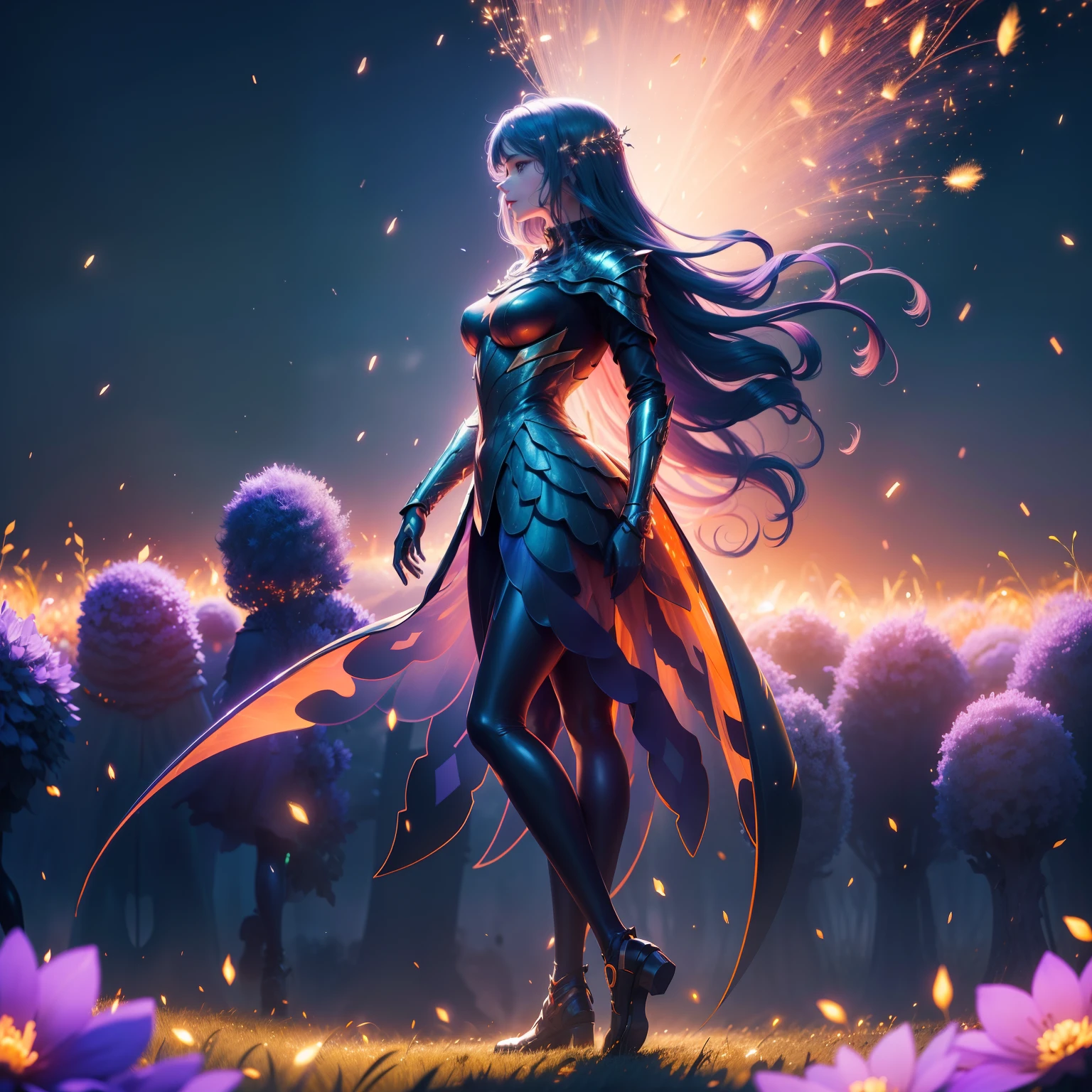 women coated with a metal slime, standing in a field surrounded by a swarm of glowing fireflies, long hair, wavy dress, high quality, 4k, highly detailed, lone figure, full body, colorful flowers, Grace weaving on the wind, evening giving way to night, orange skyline, beautiful, stunning, triumphant pose, neutral expression, frills, glowing purple