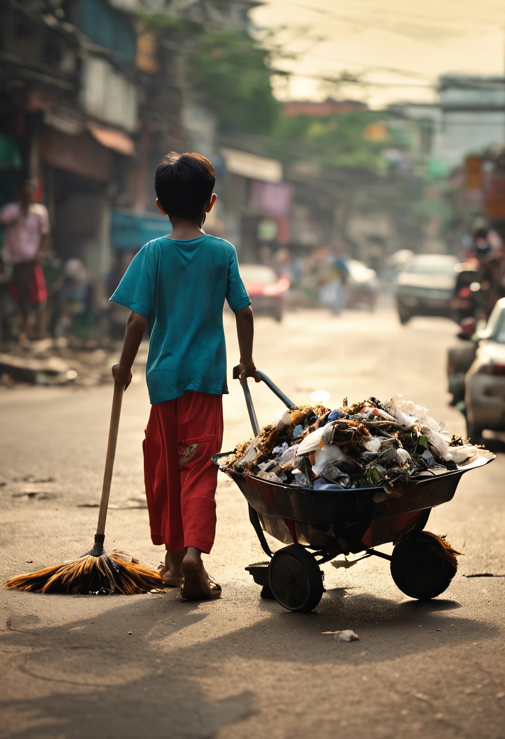 vietnam street sweeper in suite sweeping garbage on the street at mid autumn night with kids