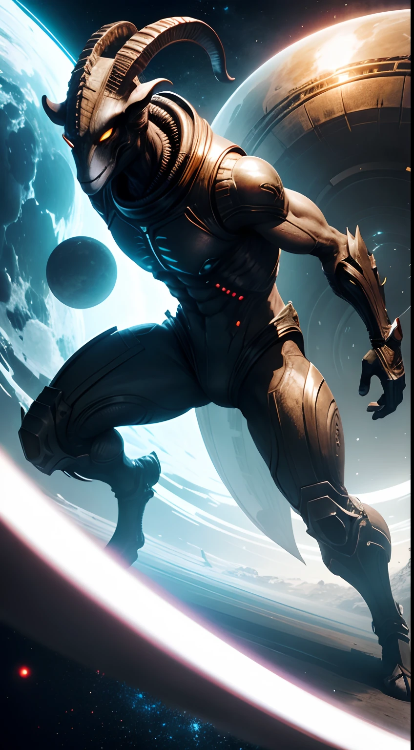 goat mask, alien style, alien creature, spaceship background, wide area, fighting, full body, , masterpiece, ultra high quality