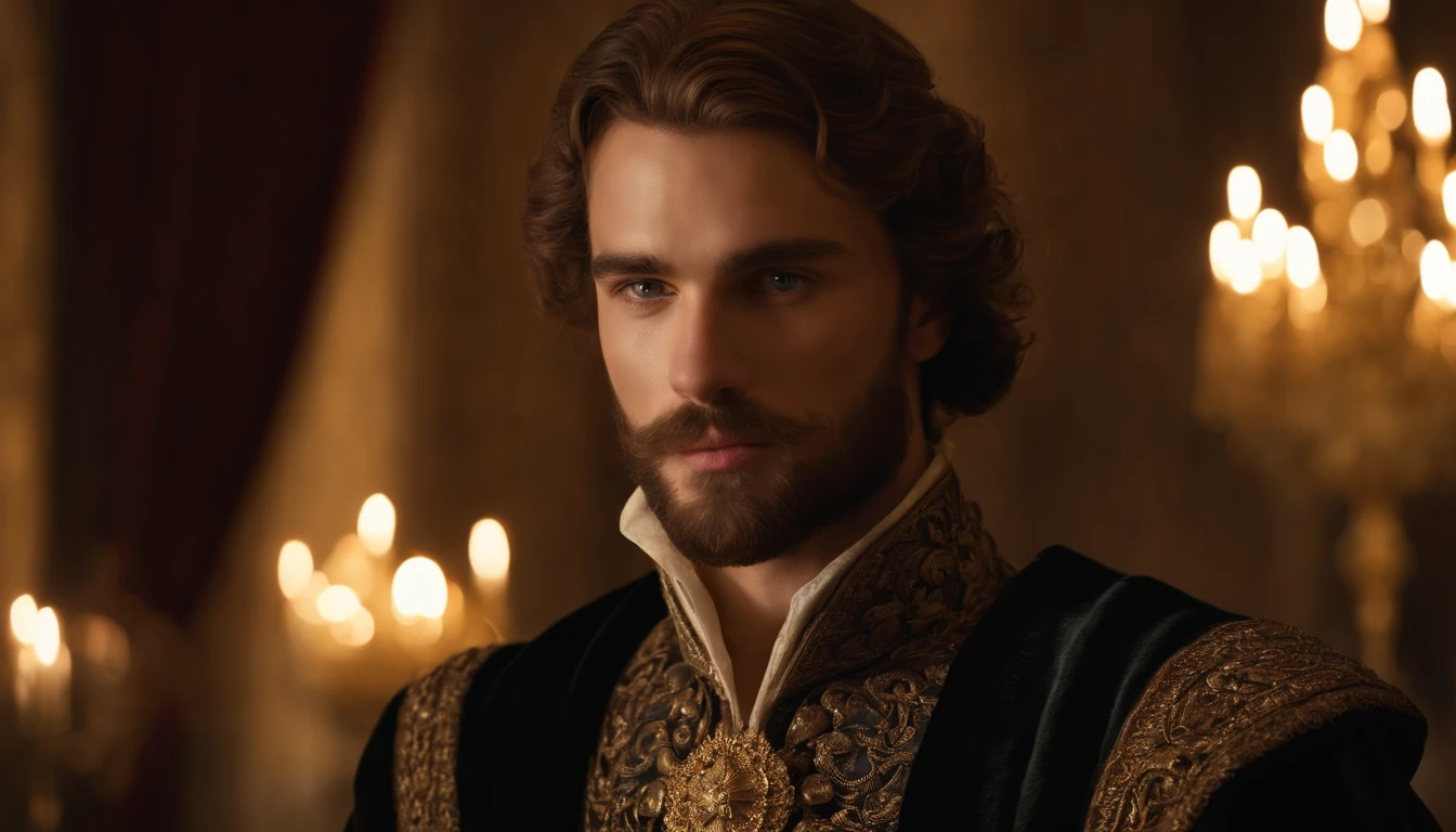 bestquality,10,highres,ultra-detail,portrait,The young man has a brown beard. ,A rugged aristocracy..,mediaeval,Royal Costume,Inside the palace,Golden Throne,detailed facial features,Expressive eyes and lips,rich colors,gentle lighting