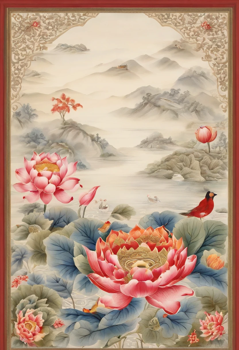 chinoiserie pattern,A large lotus pattern in the middle of the round plate,Elegant traditional Chinese pattern tiles,Fine line decoration,The art of embroidery,Oriental fabric design,tondo,symmetrical arrangements,The arrangement is concise,Visual harmony,Primerless canvas,best qualityer,finedetail,8K