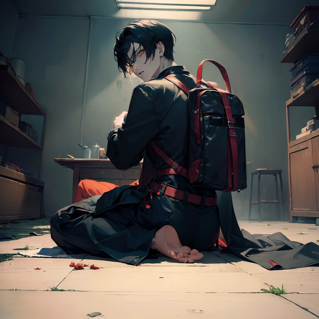 (((masterpiece :1.4))), (((best quality))), ((8k)), ((ultra-detailed)), ((anime style)), (asian man :1.2), (solo man with 25 years old), (apocalipse zombie), wearing noir long clothes, abandoned house interior background, realistic apocalipse clothes, backpack, yellow eyes, sitting on the floor (same character, front, side, back)