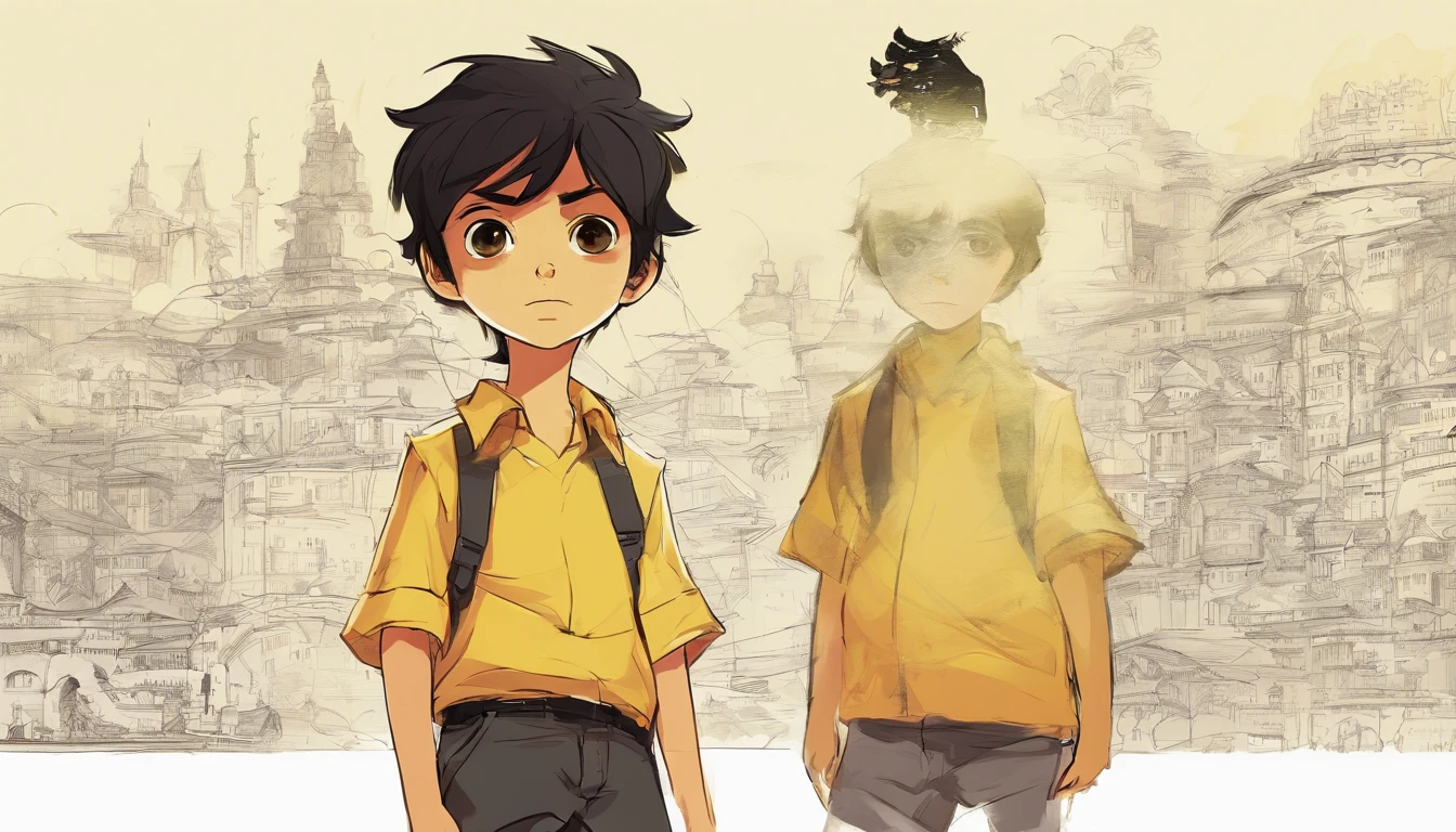 Boy, 8 , with curious brown eyes, black hair, colors, disney style yellow short -sleeved shirt and black shorts, in the white background, standing in a determined position to conquer the world