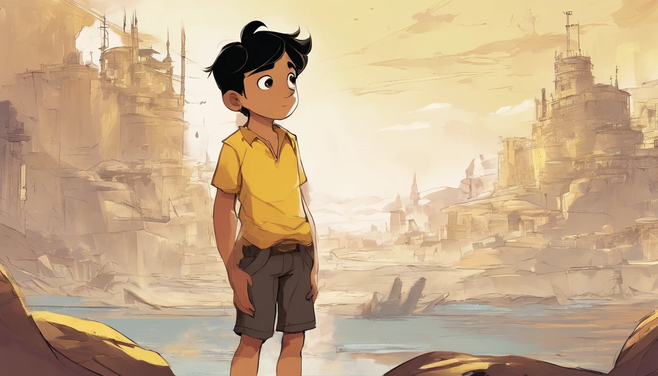 Boy, 8 , with curious brown eyes, black hair, colors, disney style yellow short -sleeved shirt and black shorts, in the white background, standing in a determined position to conquer the world