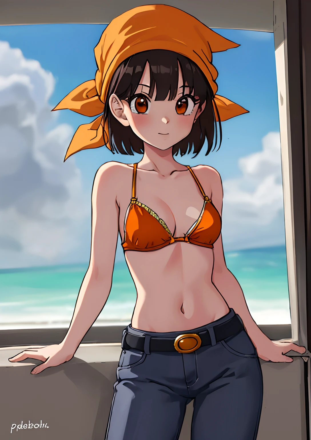 Obra maestra, La mejor calidad, highest qualityr, fotorrealista, Perfect anatomy, Cara perfecta, ojos perfectos, bandana naranja, pandballgt, 1girl, ojos negros, cabello negro, pelo corto, orange bikini, pants, Guantes sin dedos, Camisa roja, Recortar arriba, al aire libre, girl woman (((brasier))), ((pezones)), (pechos medianos)