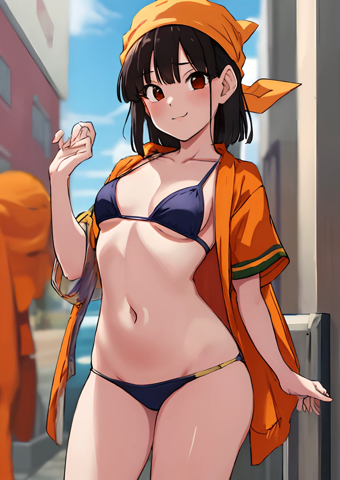 Obra maestra, La mejor calidad, highest qualityr, fotorrealista, Perfect anatomy, Cara perfecta, ojos perfectos, bandana naranja, pandballgt, 1girl, ojos negros, cabello negro, pelo corto, orange bikini, pants, Guantes sin dedos, Camisa roja, Recortar arriba, al aire libre, girl woman (((brasier))), ((pezones)), (pechos medianos)