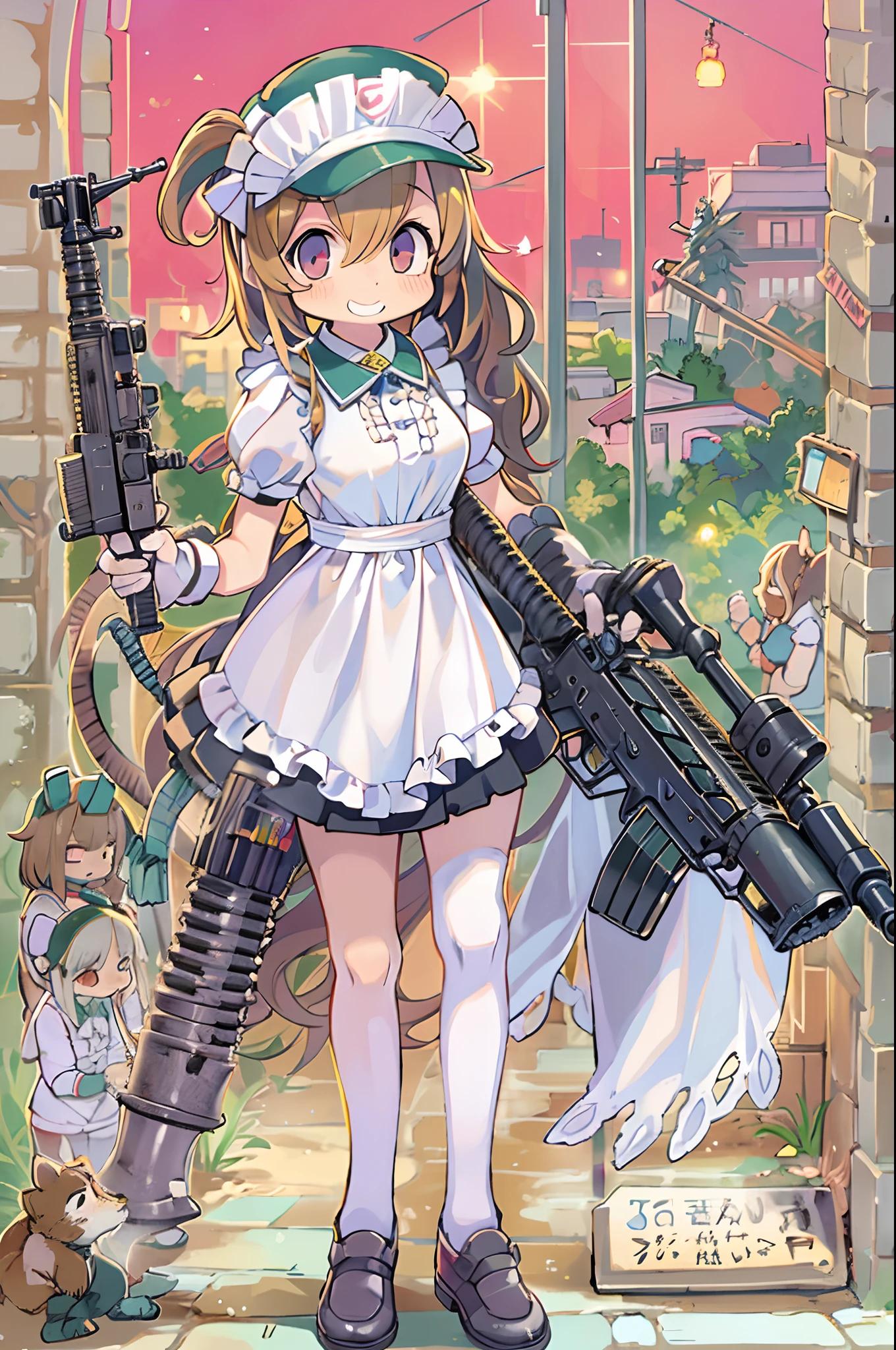 masutepiece, Best Quality, 1girl in, Empty eyes, Utsurome, maid, Smile,a  girl,Lori,(((Huge assault rifle))),rocket launcher