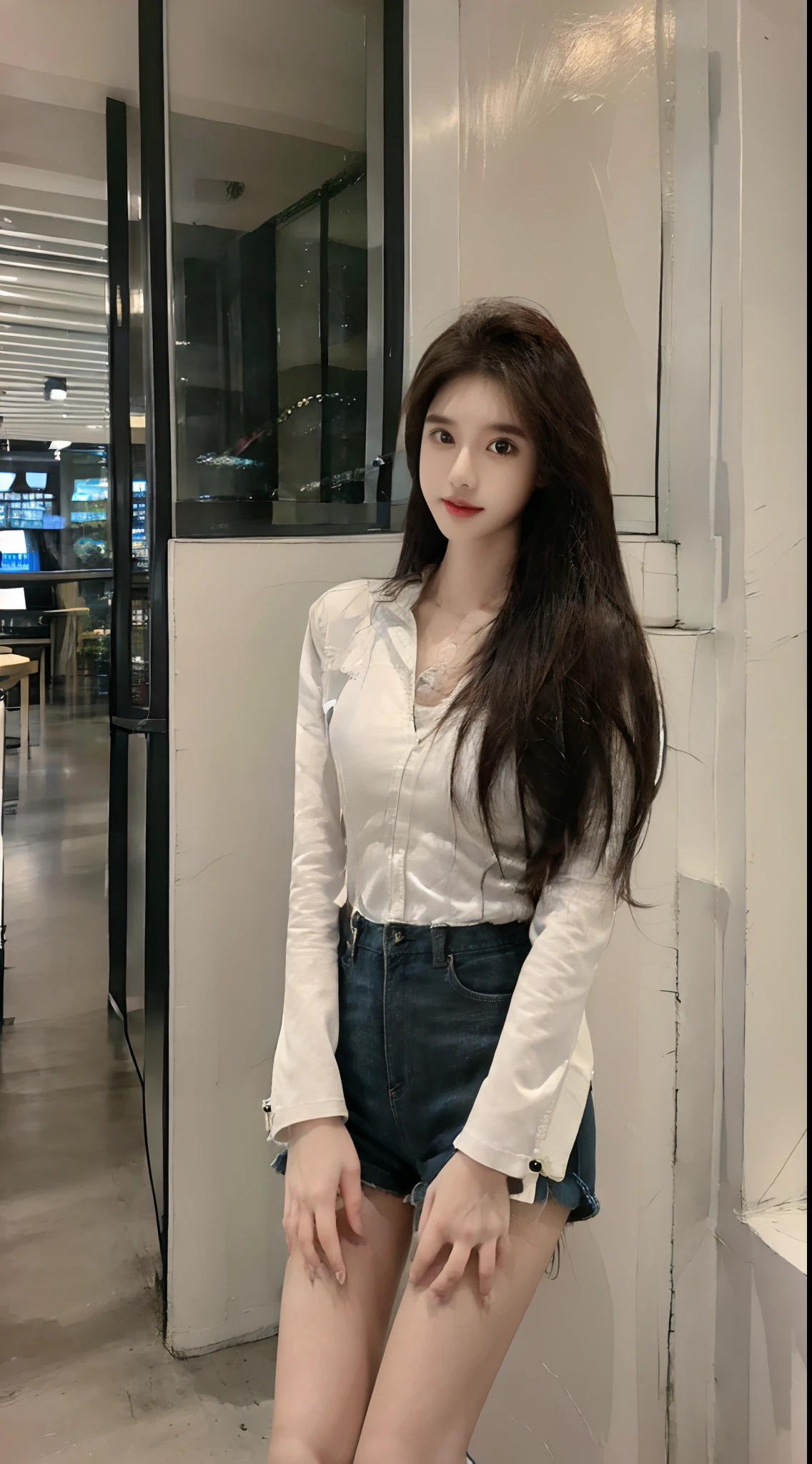 realisticlying, A high resolution, 1 rapariga, long whitr hair, korean people,, Loose white shirt, tight denim shorts,, upper legs, short skirt,