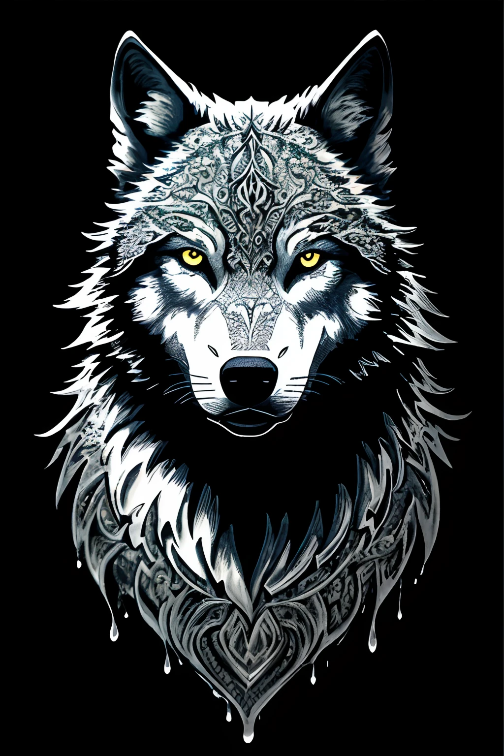 silver metallic ink wolf face only, from side, intricate detailed fur, fluorescent dripping background, mezzotint and carving add gel ink, catch lighting and shadow, intricate detailed texture, 32k resolution, masterpiece,