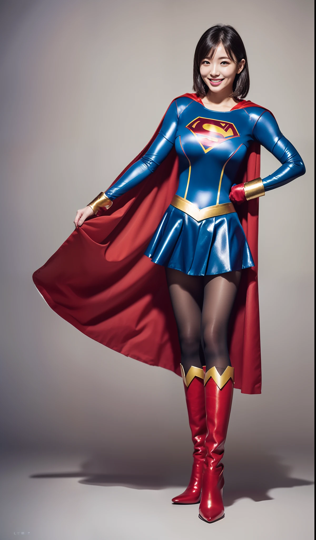(((Make the most of the original image)))、(((Supergirl Costume)))、(((shiny short hair)))、(((Suffering)))、(((Feet must necessarily be worn with black tights)))、(((Smile)))、(((You need to wear red boots)))、((Top image quality、8K))、((top-quality、8K、masterpiece:1.3))、Crisp focus:1.2、Beautiful woman with perfect body shape:1.4、Slender Abs:1.2、((layers-Cut、large boob:1.2))、a wet body:1.5、Highly detailed facial and skin texture、