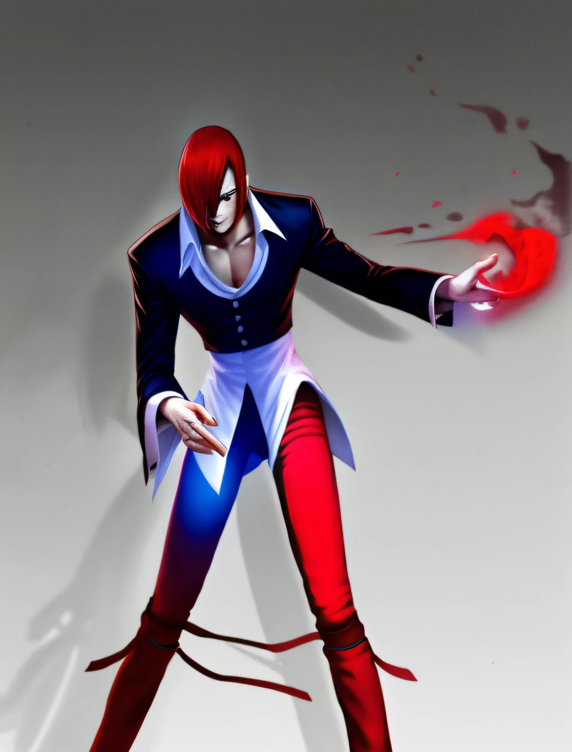 tmasterpiece，best qualityer，Yagami iori，1boy,Red hair，Blue Fire in hand,Black and white cloth，Red pants，musculature，in street