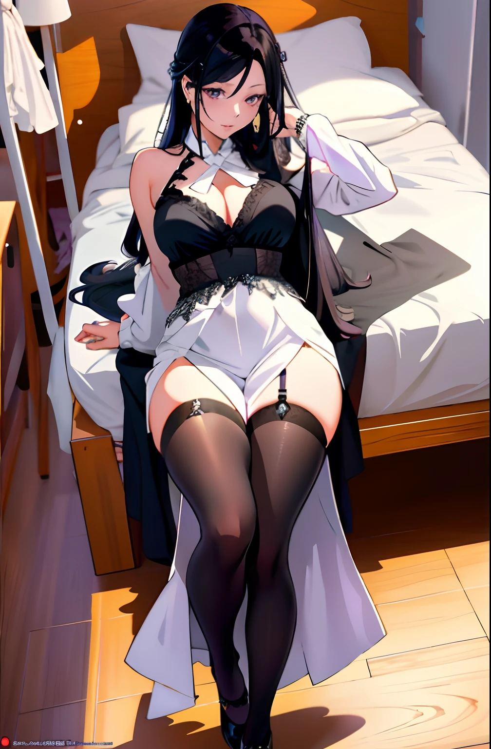 Whole body diagram,Super sexy pictures,Long black hair,Sexy figure,Dark black stockings,A woman in a purple dress, , Detailed anime artwork,,detailed anime art,