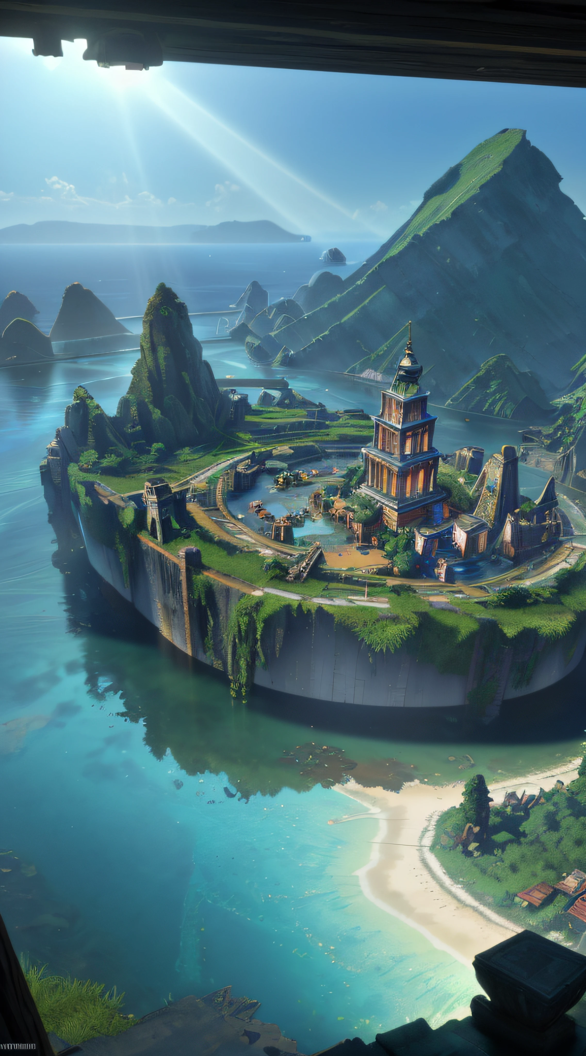 (8k, RAW photo, best quality, masterpiece:1.2), (realistic, photorealistic:1.5), octane render, ultra high res, ultra-detailed , professional lighting, photon mapping, radiosity, physically-based rendering, ue5, ((island sanctuary)), ((ancient fallen kingdom)), ((reflections in water)), ((raytracing)), ((drowned city)), landscape,