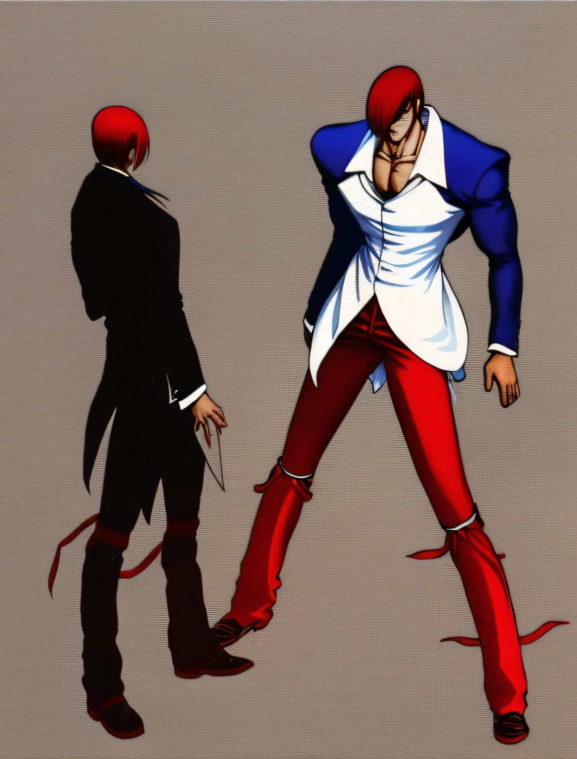 tmasterpiece,best qualityer,Yagami iori,1boy,Red hair,Blue_fire,Black and white cloth,Red pants,musculature,fit and muscular body,in street
