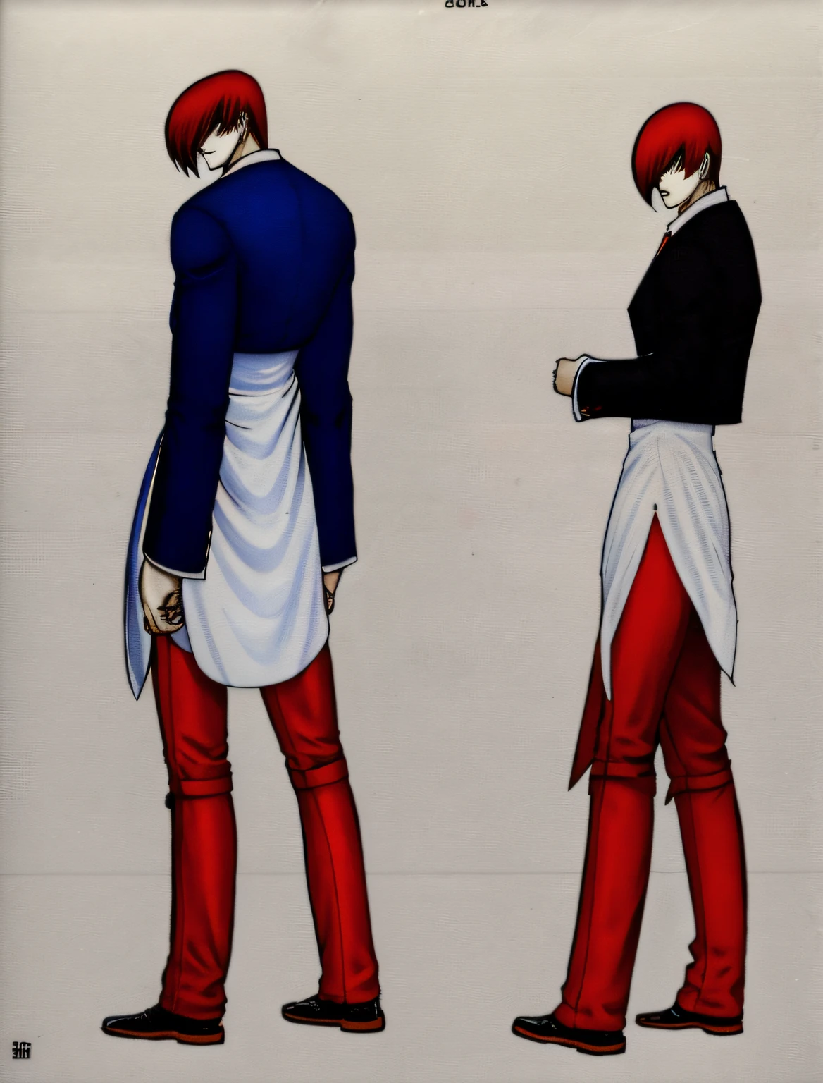 tmasterpiece，best qualityer，Yagami iori，1boy,Red hair，Blue_fire,Black and white cloth，Red pants，musculature，fit and muscular body，in street