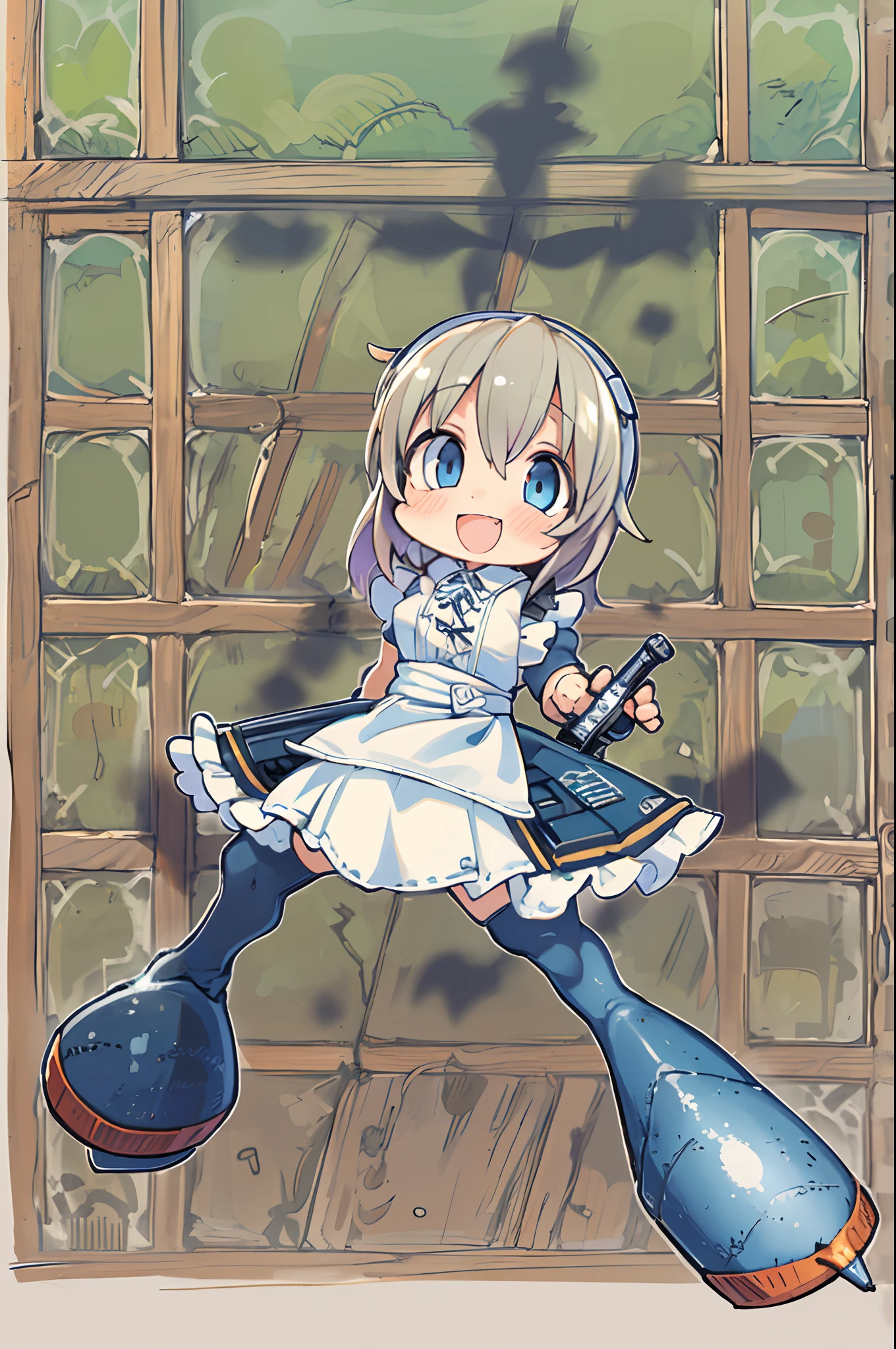 masutepiece, Best Quality, 1girl in, Empty eyes, Utsurome, maid, Smile,a child girl,Lori,(((Huge assault rifle))),rocket launcher