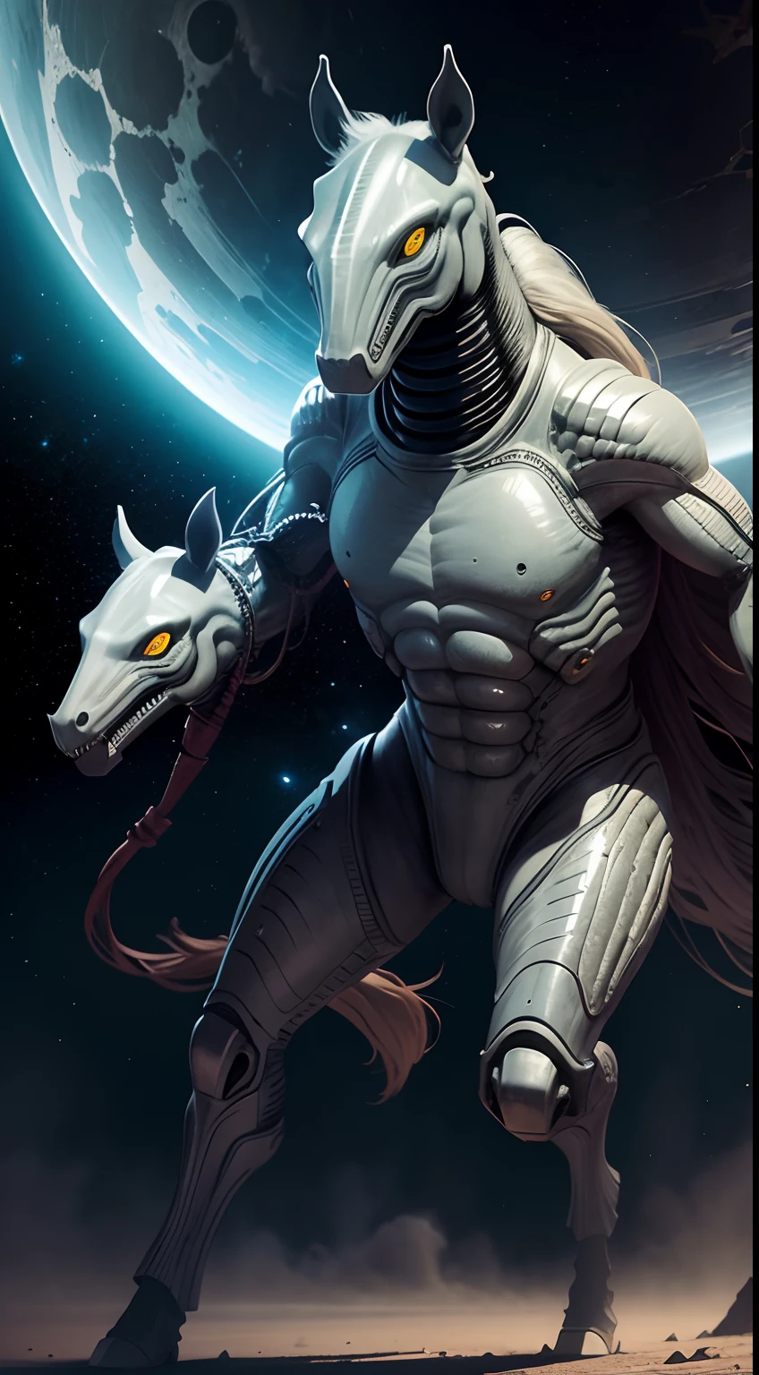 horse mask, alien style, alien creature, spaceship background, wide area, fighting, full body, , masterpiece, ultra high quality