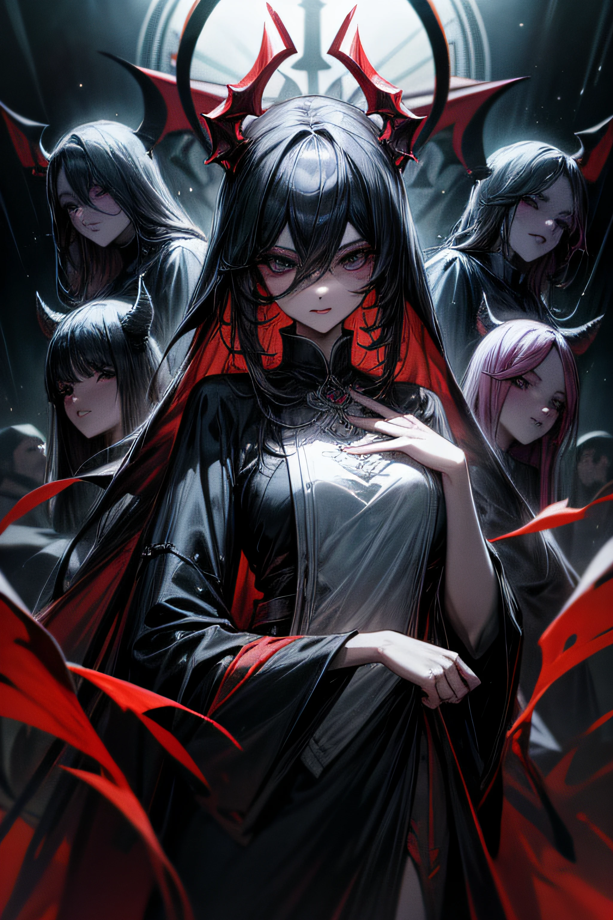 Madara Uchiha. women. Long spiky raven hair. Long right side fringe covers his face. Sharingan red eyes. Elegant dress with front neckline.