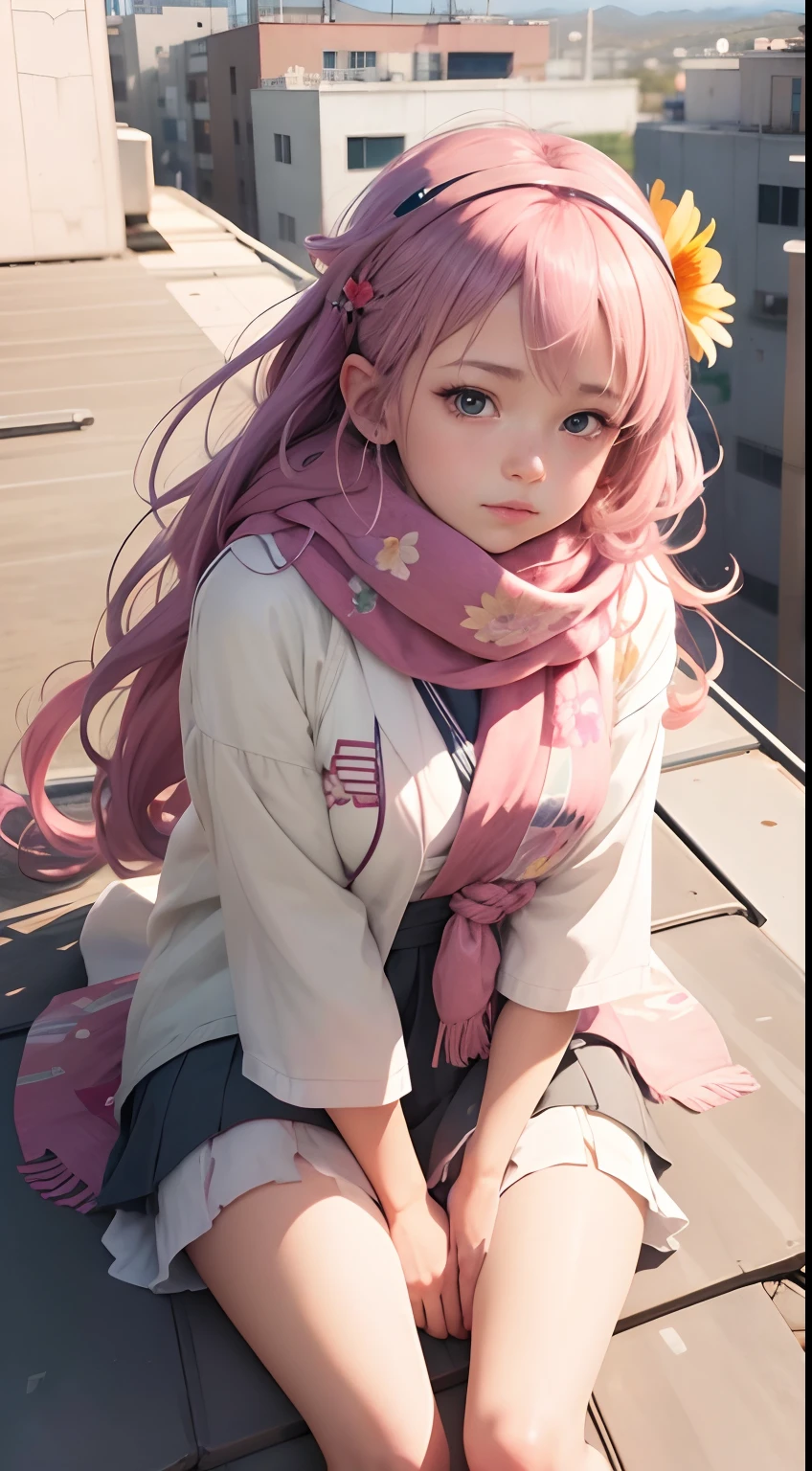 Anime girl sitting on rooftop，A scarf is worn on his head，A flower stuck in his hair, a beautiful anime portrait, Cute anime girl, Kawaii realistic portrait, Cute anime girl portrait, Beautiful anime girl, portrait of cute anime girl, pretty anime girl, anime visual of a cute girl, portrait anime girl, realistic anime artstyle, Anime style. 8K, Realistic young anime girl