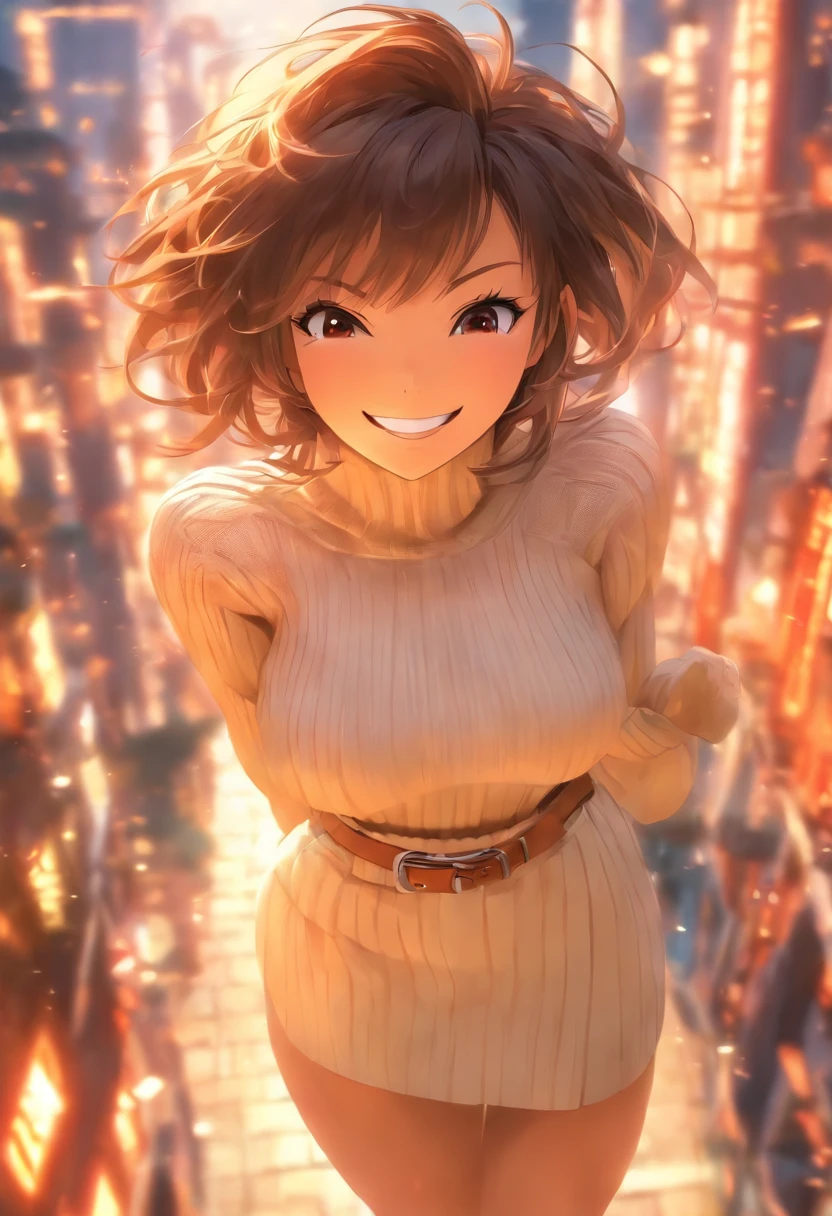 pov  delicate and beautiful mandalay, brown short hair, bangs, hair between eyes, brown eyes, large breasts, turtleneck ribbed sweater, long sleeves, belt, white pencil skirt, black pantyhose, (nice angle, smile, extreme effect, miracle effect), (8k, background, outdoors, scenery)