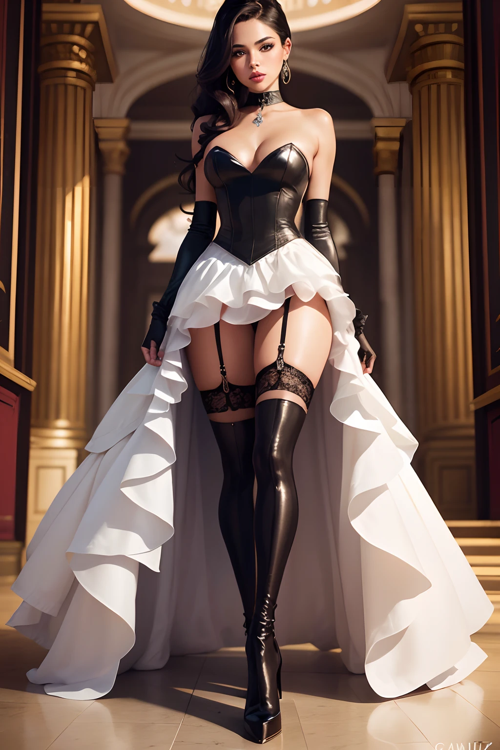 sexy Camille Vasquez is a princess inside the palace, full body shot, full body on the picture, wearing princess long tight corsait dress, sleeveless, lifting skirt up, high heels, high boots, lace stockings, garter belt, long gloves, choker, vivid lipstick, heavy makeup, eyeliner, ponytail