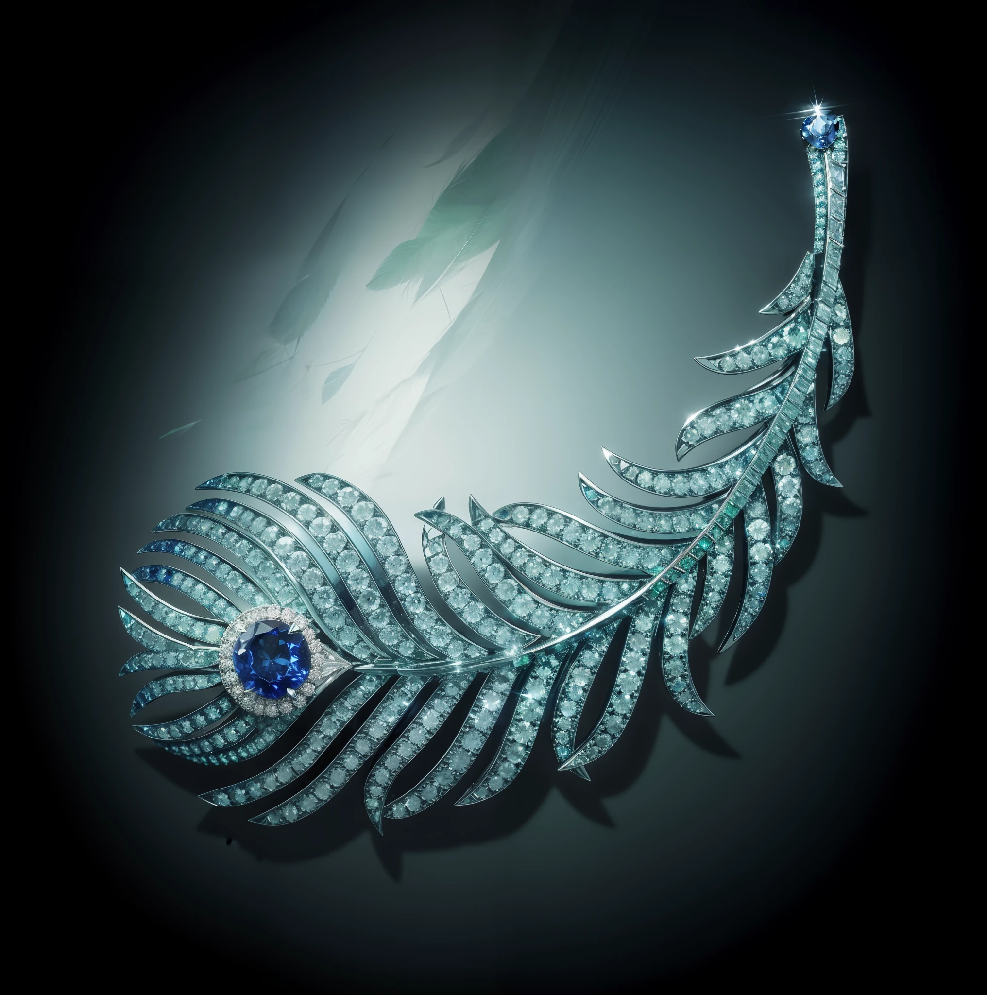 Round cut sapphire feather brooch，Set with green tsavorite、Diamonds and sapphires，Color titanium process，White background image，Background of falling feathers