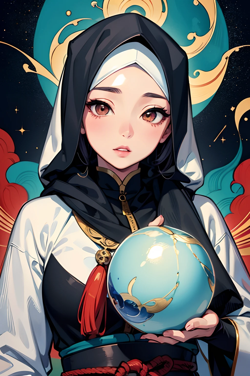 ,1girl, solo, pretty face, eyelashes, nose, glossy lips, (detailed eyes, looking at viewer, fair skin, white skin: 1.5), smooth skin, wearing hijab, 8k portrait of beauty in hijab, spacesuit, intricate, graceful, highly detailed, majestic, digital photography, hyper realistic, Masterpiece, Best Quality, All parts of the body except the face and hands are covered with clothing, Tudung, ((do not let the hair come out of the hijab)), full hijab, ((all parts of the body covered by clothes except the face)), Best Quality, paint splatter, Hands Behind Back, looking at viewer, head slanted, background space painting, inspired by Shunkōsai Hokushū, inspired by Tsukioka Yoshitoshi, inspired by Utagawa Kuniyoshi, inspired by Ryūkōsai Jokei, inspired by Gatōken Shunshi, inspired by Kanō Hōgai