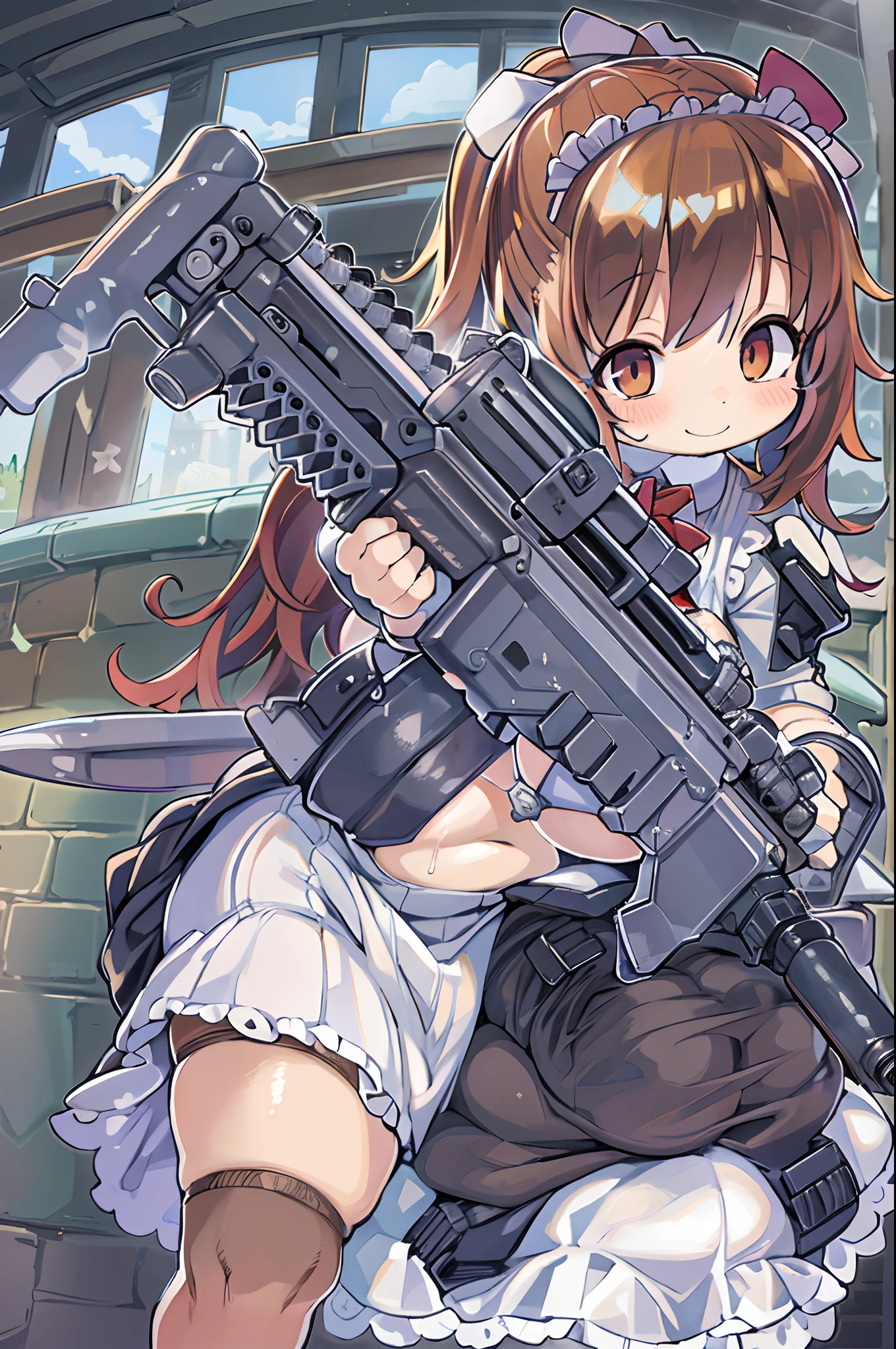 masutepiece, Best Quality, 1girl in, Empty eyes, Utsurome, maid, Smile,a child girl,Lori,(((Huge assault rifle))),rocket launcher