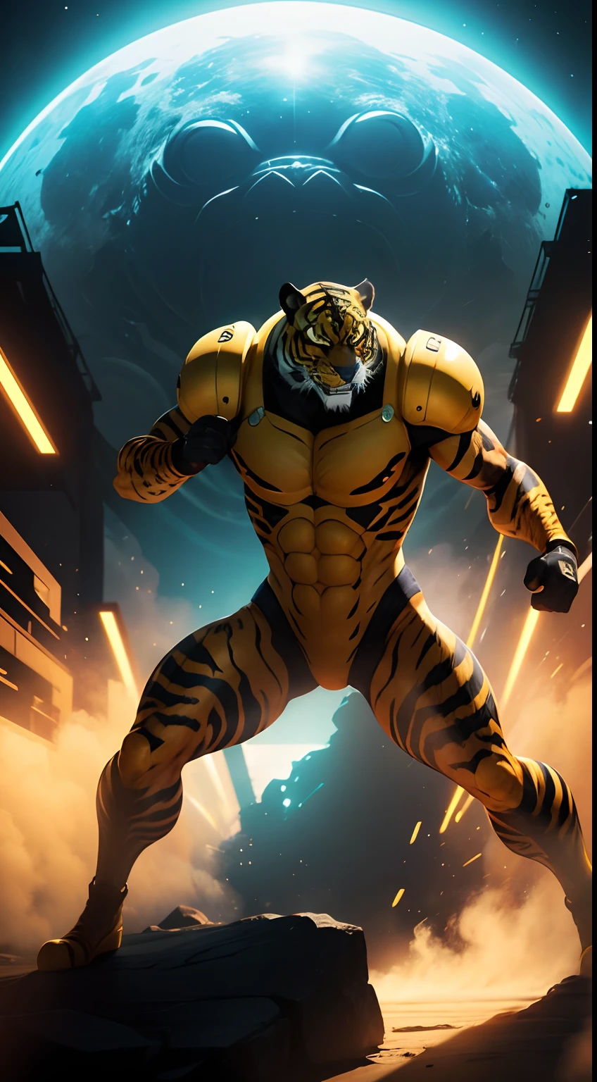 tiger mask, alien style, alien creature, spaceship background, wide area, fighting, full body, , masterpiece, ultra high quality