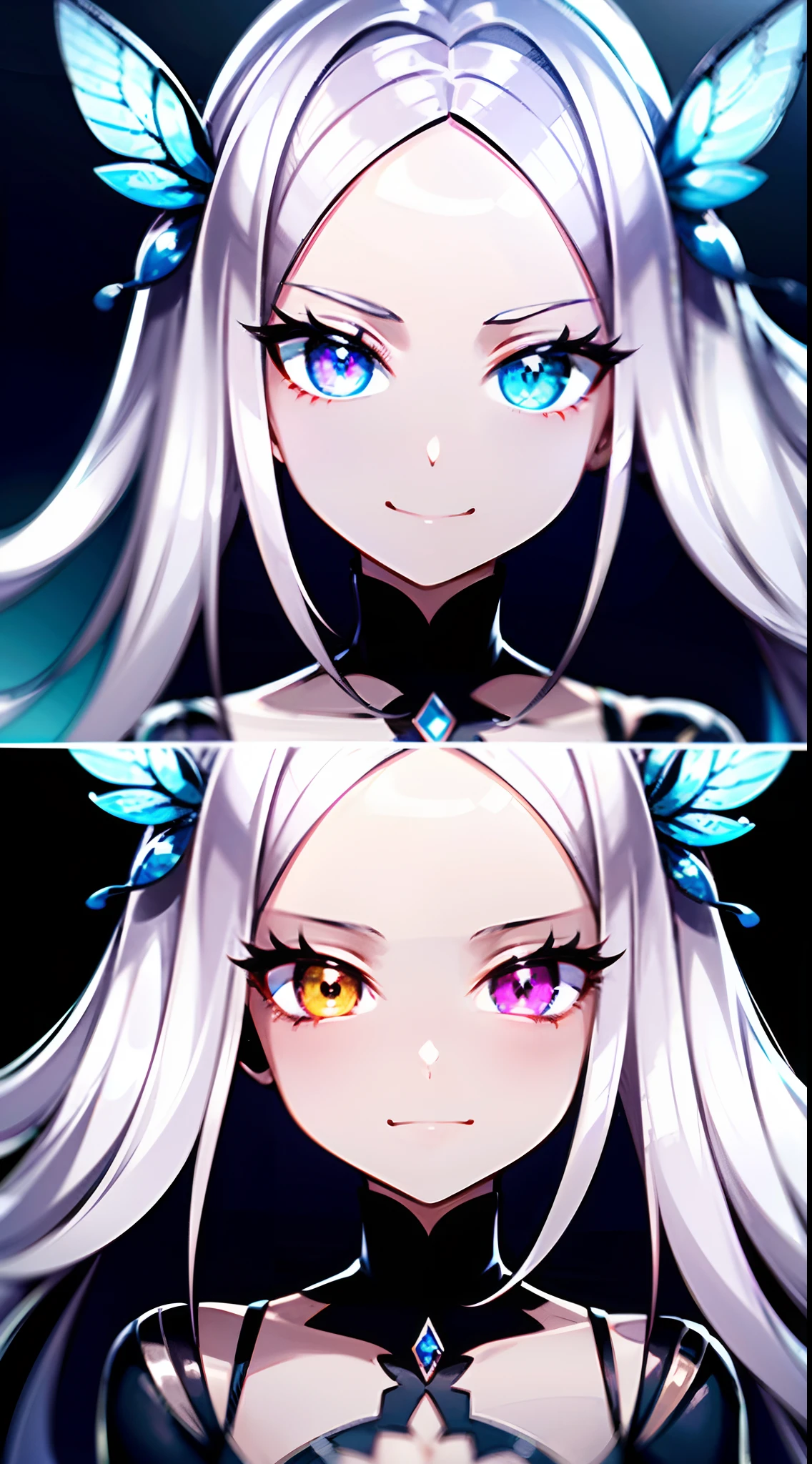 16k high quality wallpapers(Detailed eyes,Long eyelashes,Bright and colorful iris,Expressive eyebrows,Blend eyeshadow perfectly,Eyes sparkle,Reflective eyeballs,Heterochromia),(Silver-blue long-haired girl 0.8 lots of hair 1。3 Delicate hair 1。2),(Long transparent dress,floral patterns:1.4,),(Gorgeous and delicate glowing little butterfly hair ornament,brilliant colorful,Fine engraving,Shine brightly,The attention to detail,The jewelry is of high quality,Extremely high image quality)White Skin Skin,Seductive smile emoji,Close-up shot